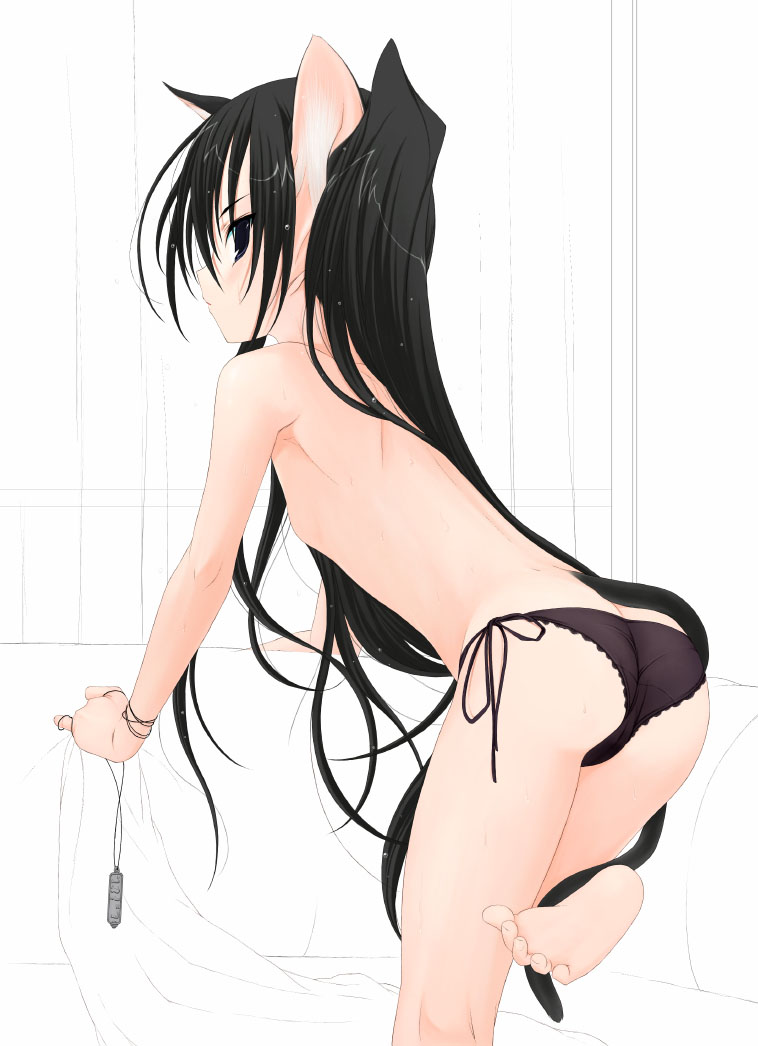 aojiru, 1girl, animal ears, ass, barefoot, black hair, cat ears, cat tail, feet, female focus, flat chest, long hair, panties, side-tie panties, solo, tail, topless female, trefoil, underwear, wet