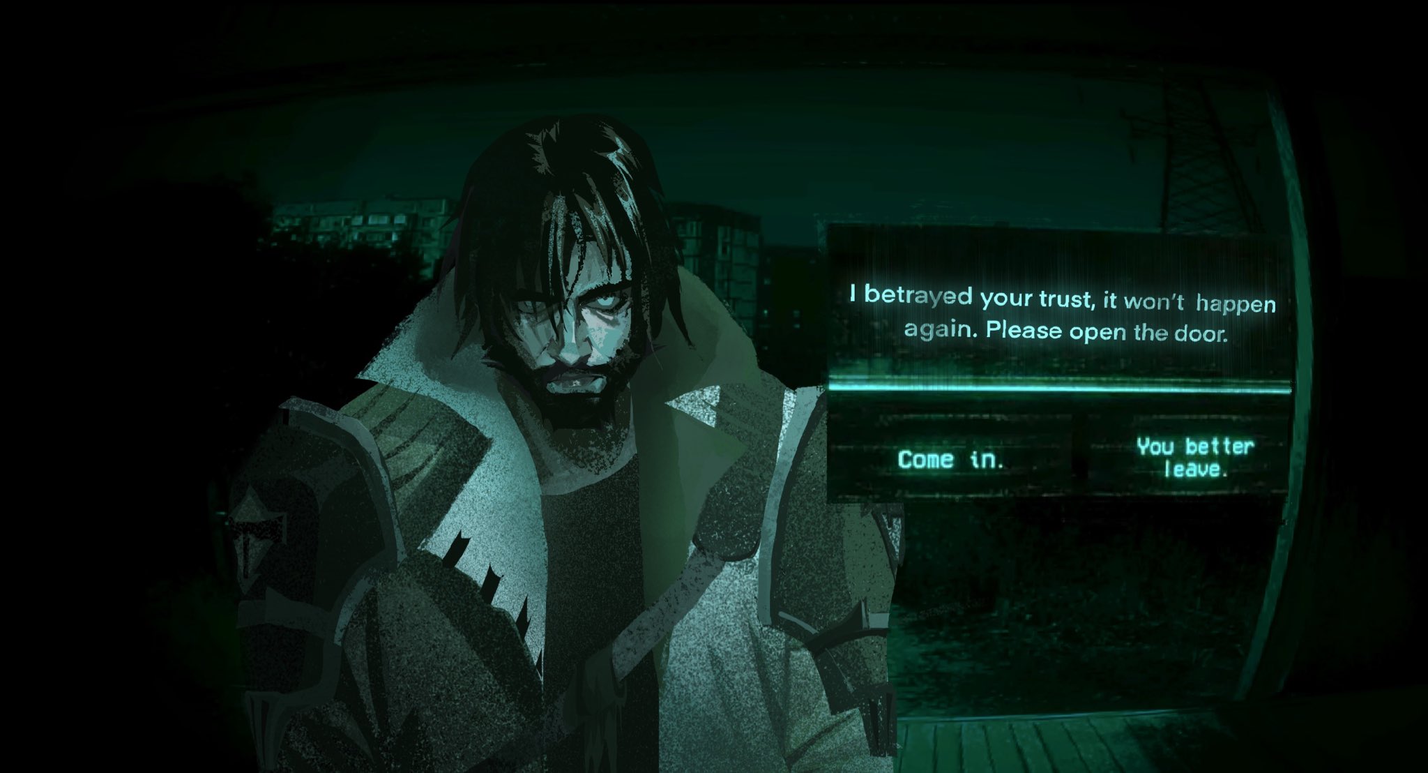 arcane jayce, jayce (league of legends), arcane: league of legends, league of legends, highres, 1boy, beard, black hair, black shirt, coat, crossover, dark, dialogue options, english text, facial hair, glowing, glowing eyes, green theme, hair over one eye, kattaklysmic, looking at viewer, male focus, night, no i'm not a human, open clothes, open coat, popped collar, porch, serious, shirt, short hair, solo