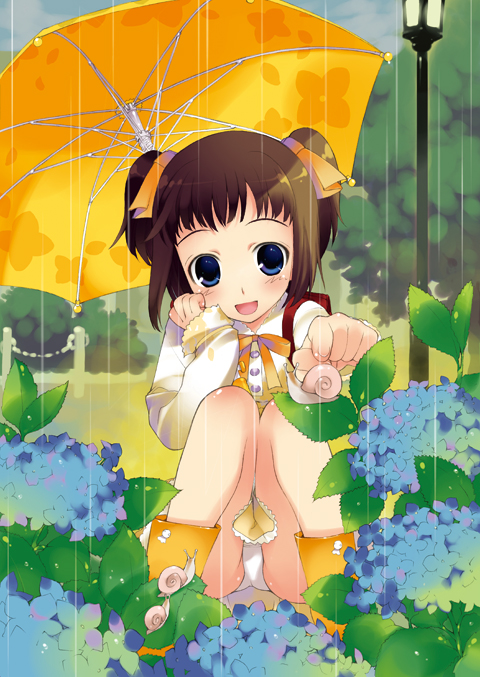 yan-yam, blue eyes, blush, boots, brown hair, flower, hair ribbon, happy, hydrangea, outdoors, panties, pantyshot, rain, ribbon, sitting, smile, snail, solo, twintails, umbrella, underwear, white panties