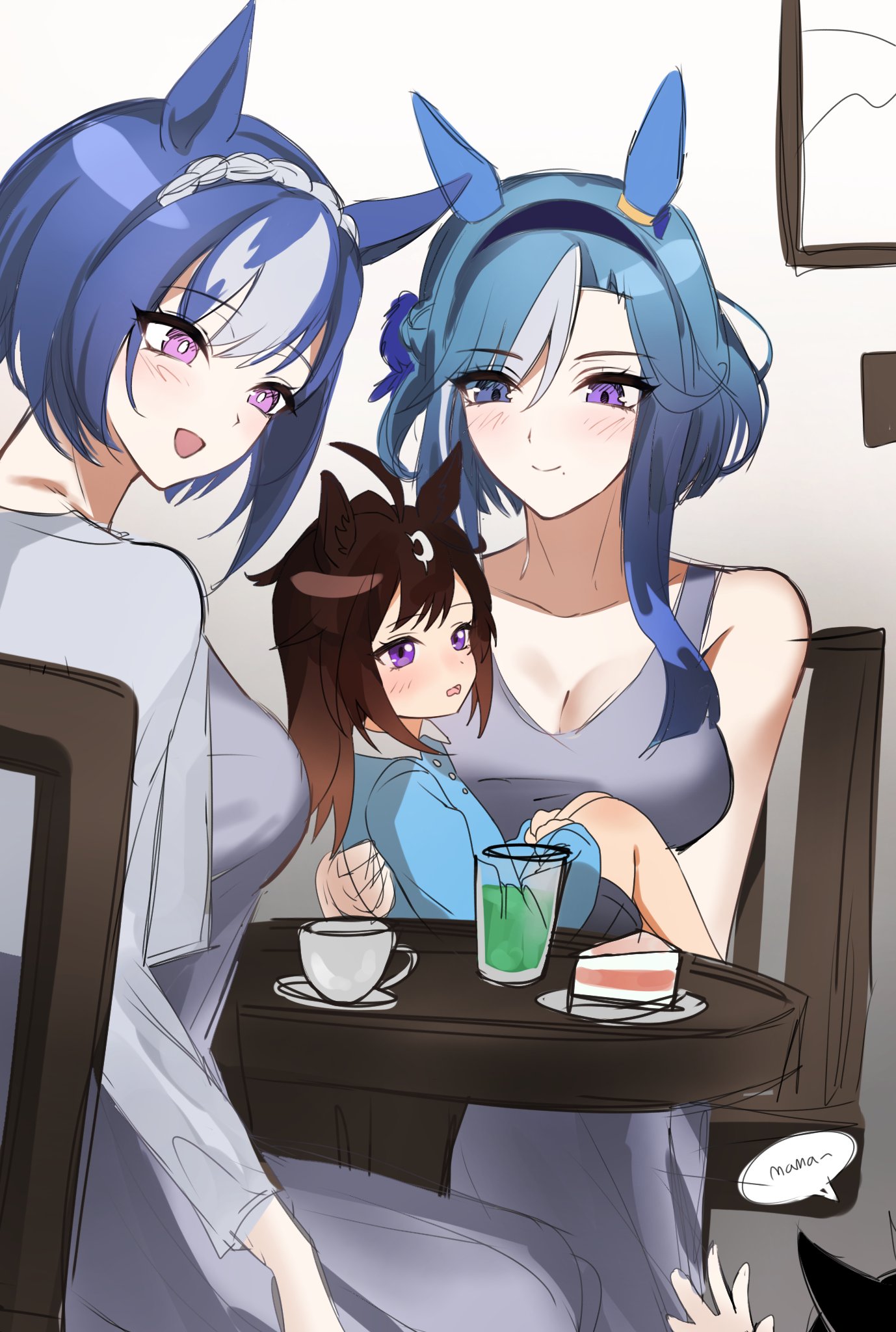 nijuke2, admire groove (umamusume), cesario (umamusume), duramente (umamusume), umamusume, character request, highres, 4girls, aged down, ahoge, alternate costume, animal ears, bare shoulders, blue eyes, blue hair, braid, breasts, brown hair, cleavage, crown braid, epiphaneia (racehorse), hair between eyes, hair ornament, horse ears, horse girl, large breasts, long hair, mole, mole under mouth, mother and daughter, multicolored hair, multiple girls, purple eyes, short hair, sitting, streaked hair, white hair