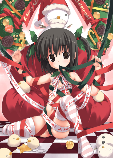 yan-yam, christmas, loli, mouth hold, naked ribbon, ribbon, solo, striped clothes, striped thighhighs, thighhighs, twintails