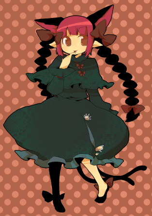 azuma seiji, kaenbyou rin, touhou, lowres, 1girl, animal ears, bow, braid, cat ears, cat girl, cat tail, dress, female focus, full body, hair ribbon, multiple tails, pointy ears, red hair, ribbon, solo, tail, twin braids, twintails