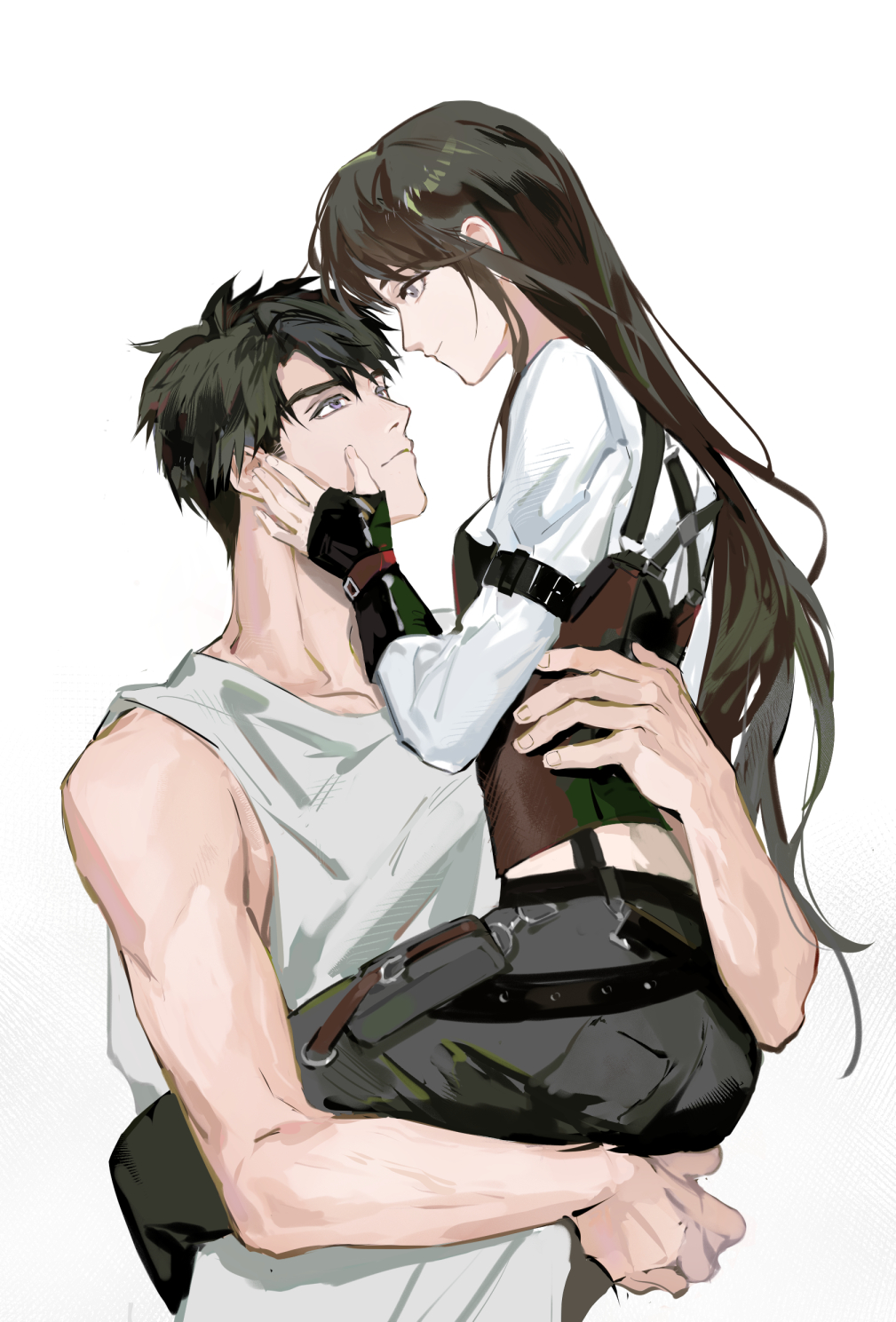 awkwardtomato, caleb (love and deepspace), protagonist (love and deepspace), love and deepspace, highres, arm around back, bare shoulders, black hair, black pants, breasts, brown hair, closed mouth, corset, couple, grey tank top, hair between eyes, hand on another's cheek, hand on another's face, hetero, long hair, looking at another, medium breasts, pants, red corset, shirt, short hair, tank top, upper body, white background, white shirt