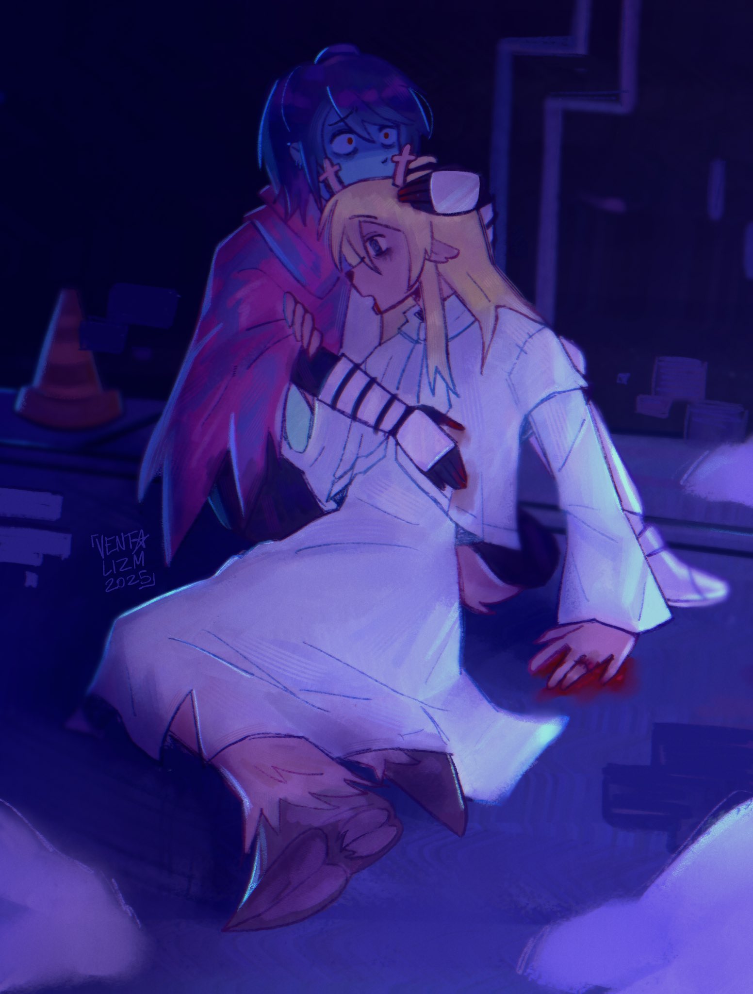 kris (dark world) (deltarune), kris (deltarune), noelle holiday, deltarune, ivan the terrible and his son ivan, utdr (toby fox), highres, 1girl, 1other, antlers, blood, blue hair, deer antlers, deer girl, dress, empty eyes, horns, hug, noelle holiday (dark world), parody, ventalizm, weird route (deltarune), white dress, wide-eyed