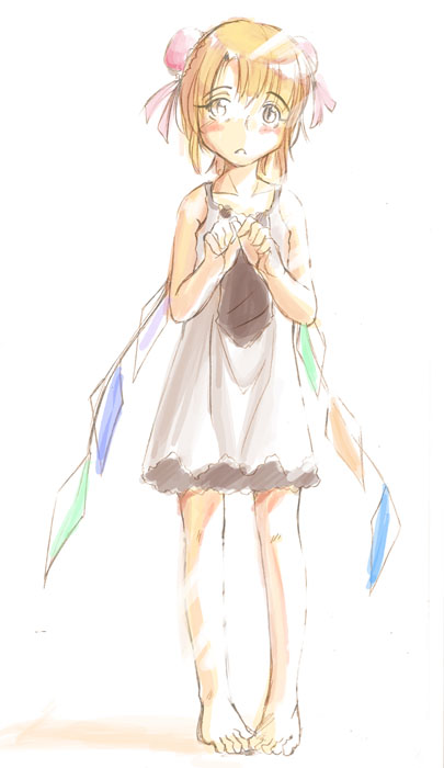 asuima, flandre scarlet, touhou, 1girl, alternate costume, barefoot, chemise, female focus, frown, full body, solo