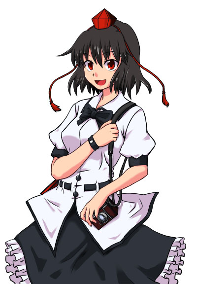 hiromasa, shameimaru aya, touhou, 1girl, black hair, bow, camera, female focus, hat, looking at viewer, open mouth, red eyes, ribbon, skirt, smile, solo