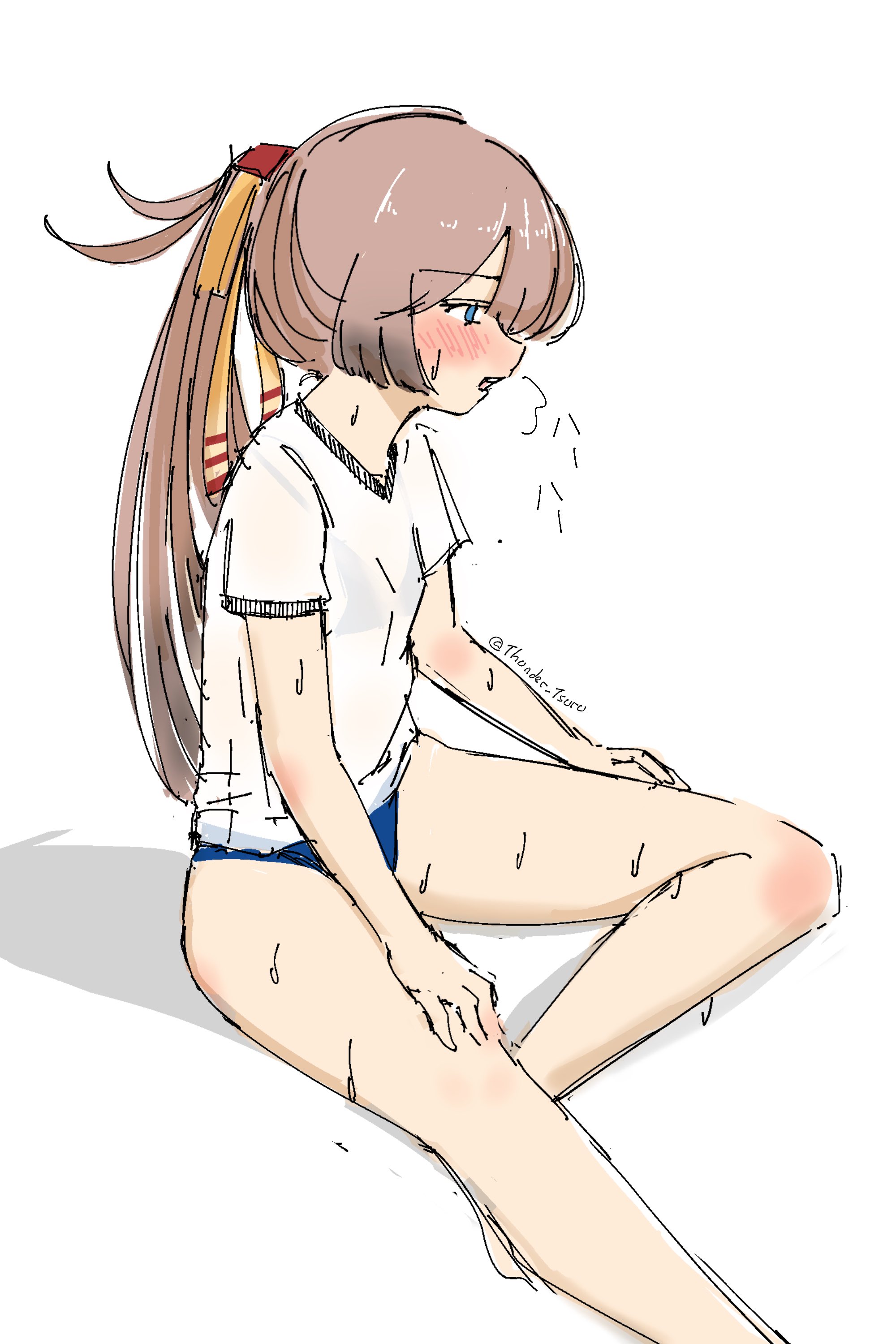 tsuru (thunder tsuru), kazagumo (kancolle), kantai collection, absurdres, commentary request, highres, 1girl, blue buruma, blue eyes, brown hair, buruma, feet out of frame, gradient hair, gym shirt, gym uniform, hair ribbon, long hair, multicolored hair, ponytail, ribbon, shirt, simple background, solo, sweat, t-shirt, very sweaty, white background, white shirt