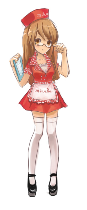 asahina mikuru, suzumiya haruhi no yuuutsu, 00s, english text, glasses, solo, thighhighs, waitress, zettai ryouiki