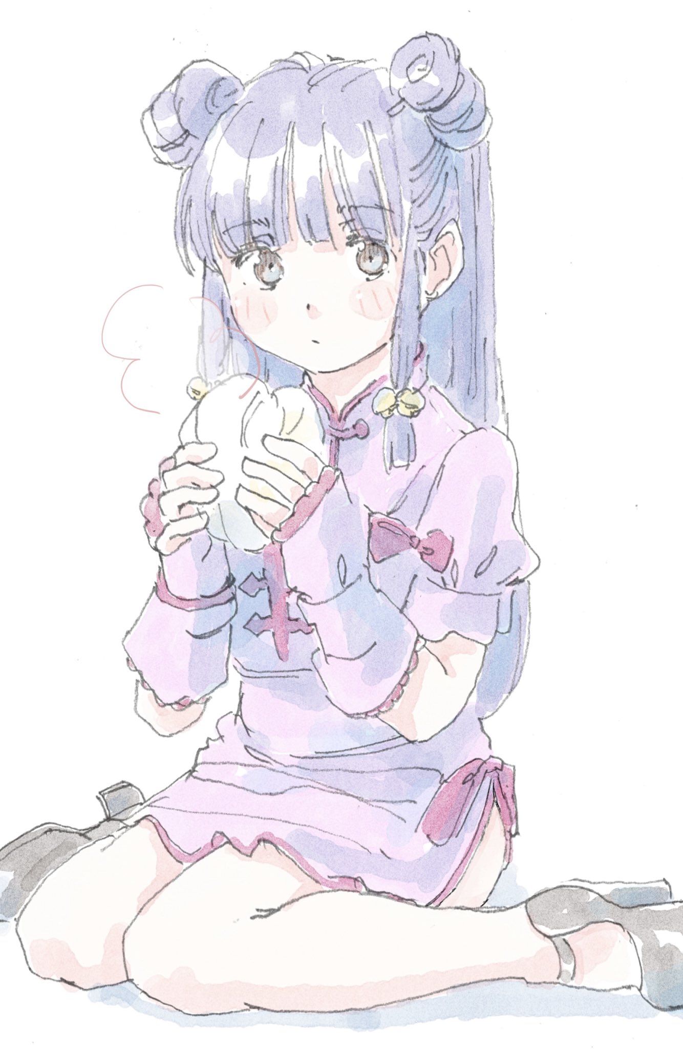poranka (porankaran), original, highres, 1girl, black shoes, blunt bangs, blush stickers, brown eyes, chinese clothes, double bun, dress, fingerless gloves, food, full body, gloves, hair bun, hair ribbon, high heels, holding, holding food, long hair, looking at viewer, low-tied sidelocks, pink dress, pink ribbon, puffy short sleeves, puffy sleeves, purple hair, ribbon, shoes, short sleeves, side slit, sidelocks, simple background, sitting, solo, steamed bun, wariza, white background, yellow ribbon