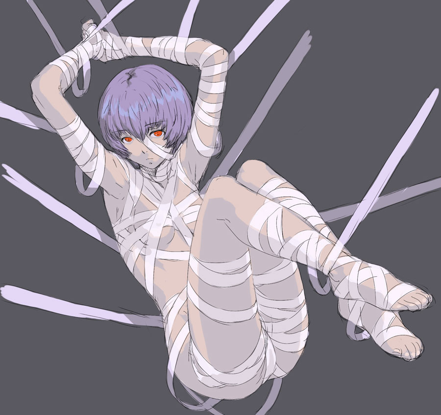 chyko, ayanami rei, neon genesis evangelion, bad id, bad pixiv id, 1girl, armpits, arms up, bandages, barefoot, bdsm, blue hair, bondage, bound, breasts, feet, female focus, frown, legs up, naked bandage, nude, pale skin, red eyes, short hair, sketch, small breasts, solo, suspension, underboob
