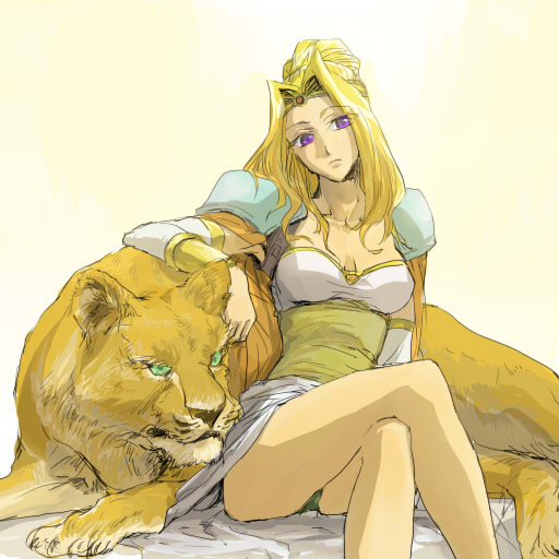 masu (artist), rosa farrell, final fantasy, final fantasy iv, 1990s (style), blonde hair, cape, crossed legs, lion, masu, panties, purple eyes, retro artstyle, sitting, solo, underwear