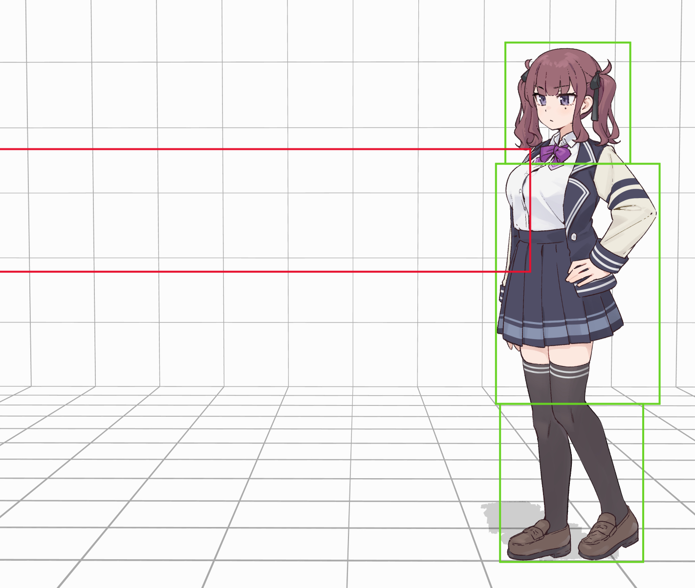 kanpa (campagne 9), natsuki karin, synthesizer v, commentary request, highres, 1girl, 3d background, black ribbon, blazer, blunt bangs, bow, bowtie, breasts, brown hair, dress shirt, hair ribbon, hitbox, jacket, large breasts, loafers, long sleeves, mole, mole under eye, pleated skirt, purple bow, purple eyes, ribbon, school uniform, shirt, shoes, skirt, solo, thighhighs, twintails, zettai ryouiki