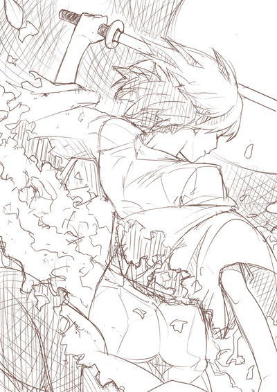 nazo kichi, ryougi shiki, kara no kyoukai, 1girl, brown theme, female focus, monochrome, sketch, solo