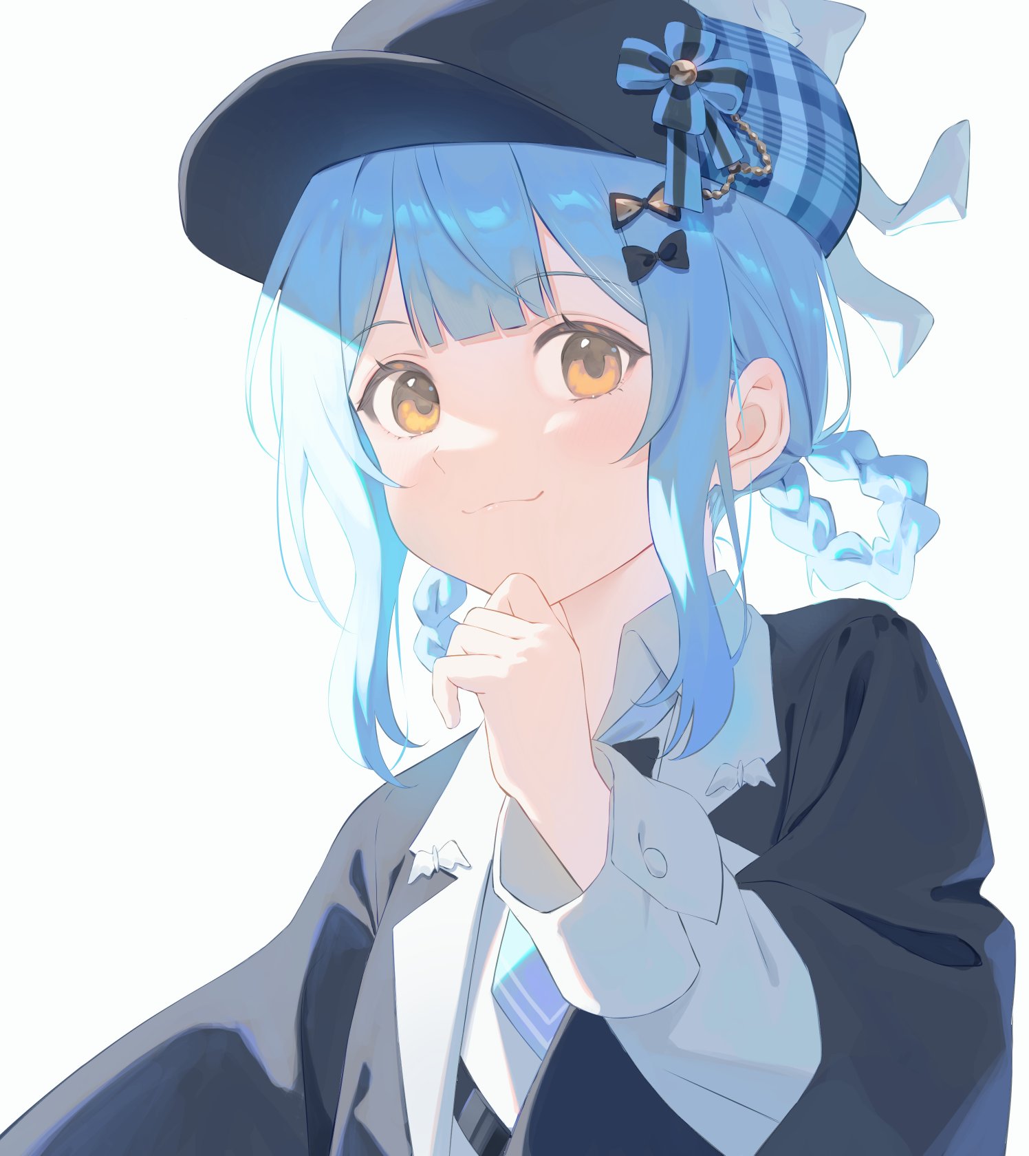 hofumaso, tachibana sherry, mahou shoujo no majo saiban, commentary request, highres, 1girl, :3, black bow, black capelet, black hat, blue hair, bow, braid, braided hair rings, capelet, closed mouth, deerstalker, hair bow, hair rings, hand on own chin, hand up, hat, long sleeves, looking at viewer, magical girl, shirt, short hair, simple background, smile, solo, upper body, white background, white shirt, yellow eyes