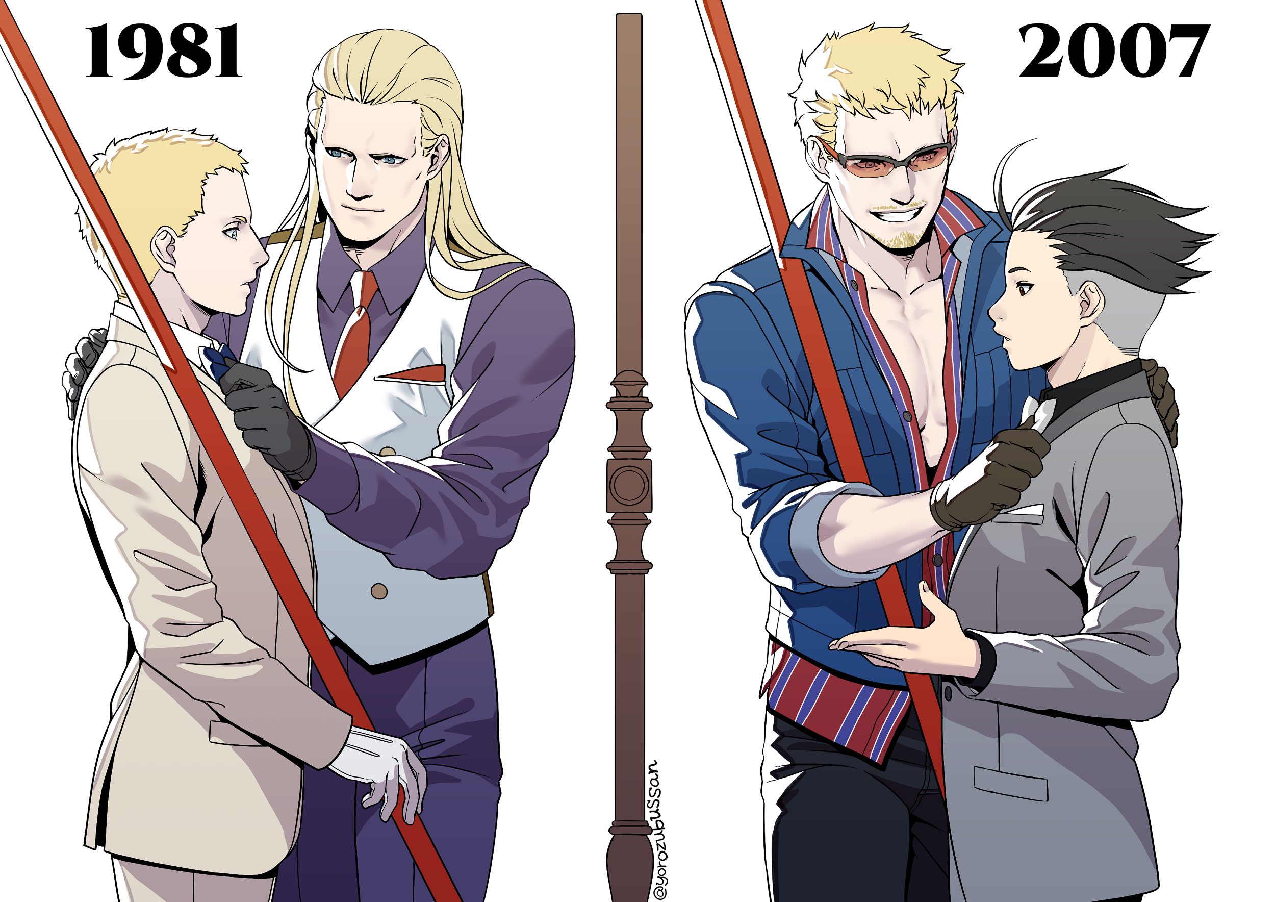 yorozu, billy kane, geese howard, hokutomaru, fatal fury, fatal fury: city of the wolves, highres, 4boys, adjusting bowtie, age comparison, black gloves, black hair, black pants, black shirt, blonde hair, blue bow, blue bowtie, blue eyes, blue jacket, blue shirt, bo staff, bow, bowtie, buttons, collared shirt, cowlick, dated, double-breasted, facial hair, formal clothes, gloves, goatee, grey suit, grin, hair slicked back, handkerchief in pocket, holding, holding staff, jacket, long hair, long sleeves, male focus, multiple boys, mustache, necktie, pants, partially unbuttoned, pectoral cleavage, pectorals, purple pants, purple shirt, red-tinted eyewear, red handkerchief, red necktie, red shirt, shirt, short hair, simple background, sleeves rolled up, smile, staff, striped clothes, striped shirt, suit, tinted eyewear, undercut, vertical-striped clothes, vertical-striped shirt, vest, white background, white bow, white bowtie, white gloves, white suit, white vest