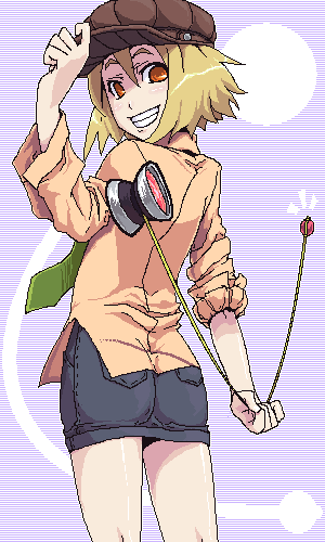 ifuji shinsen, original, lowres, 1girl, 5a, blonde hair, brown hat, female focus, grin, happy, hat, looking at viewer, looking back, miniskirt, necktie, orange eyes, shirt, short hair, skirt, smile, solo, yo-yo