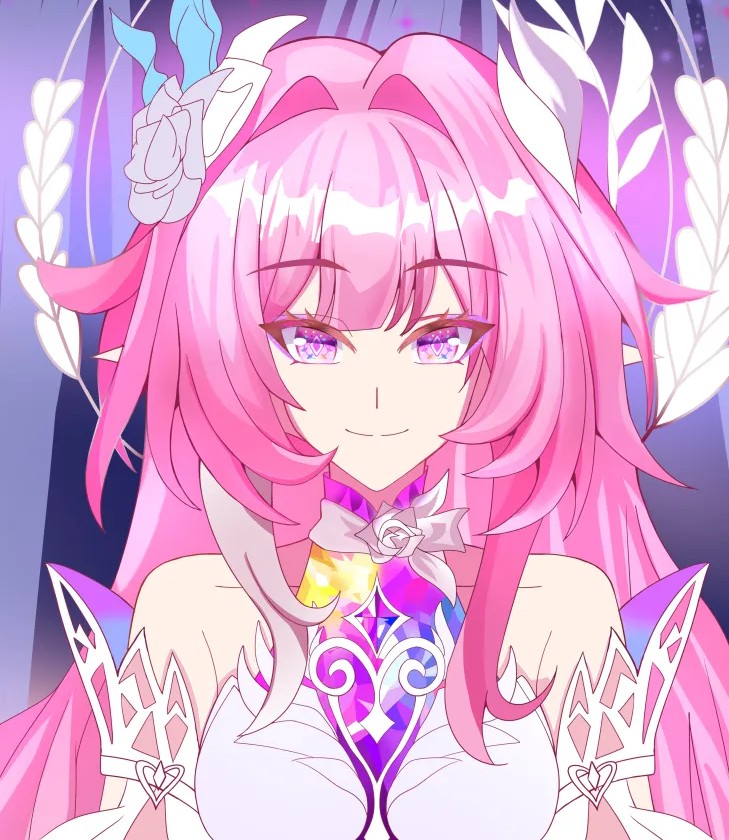 cyrene (honkai: star rail), cyrene (ripples of past reverie) (honkai: star rail), honkai: star rail, honkai (series), non-web source, self-upload, 1girl, breasts, coat, dress, hair ornament, pink hair, pink pupils, purple coat, smile, solo, white hair