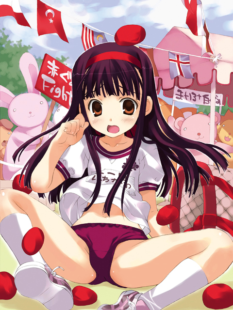 yan-yam, 1girl, blush, brown eyes, buruma, female focus, flat chest, gym uniform, hairband, loli, long hair, midriff, navel, open mouth, orange eyes, purple hair, shoes, sitting, socks, solo, spread legs, wavy mouth
