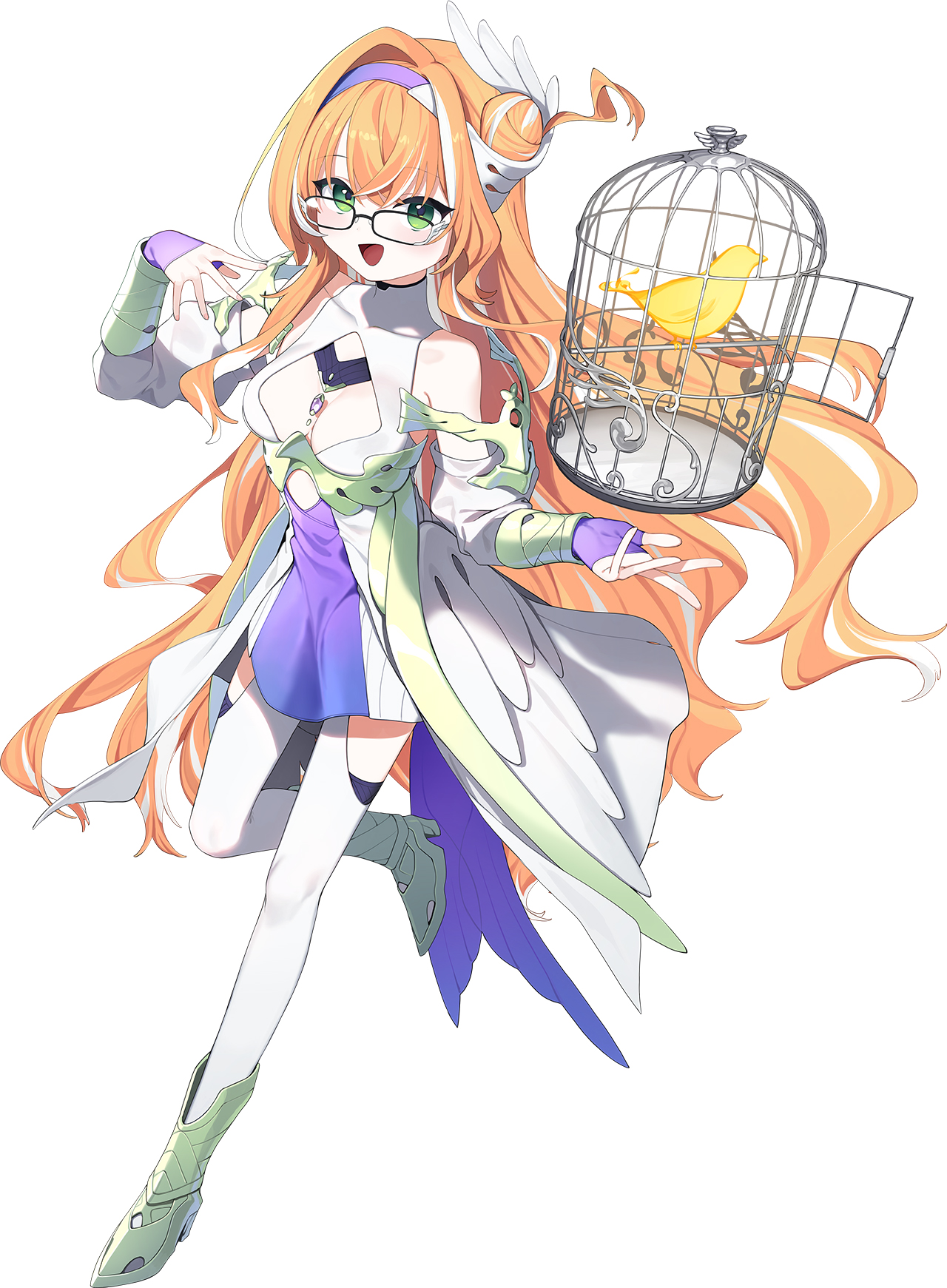 signalviolet, choukou (alicesoft), choukou taisen escalation heroines, highres, official art, 1girl, :d, arm up, birdcage, breasts, cage, cleavage, cleavage cutout, clothing cutout, dress, glasses, green eyes, hairband, large breasts, open mouth, orange hair, purple hairband, smile, watari canaria, white dress