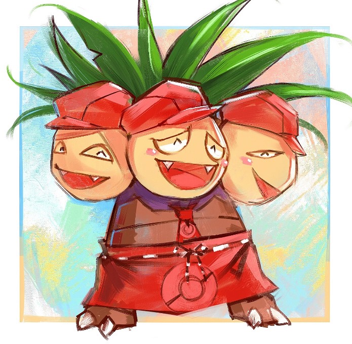disutihada, exeggutor, nintendo, pokemon, pokemon cafe remix, :d, ^ ^, apron, closed eyes, full body, gen 1 pokemon, hat, necktie, no humans, open mouth, pokemon (creature), red hat, red necktie, smile, standing