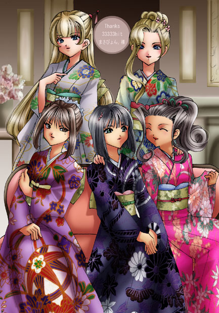 sirotuka lambda, glycine bleumer, kanzaki sumire, kitaooji hanabi, ratchet altair, soletta orihime, sakura taisen, sakura taisen ii, sakura taisen iii, sakura taisen v, sega, 00s, 5girls, black hair, blonde hair, blue eyes, brown eyes, brown hair, closed eyes, green eyes, hair bun, japanese clothes, kimono, long hair, mole, mole under eye, multiple girls, ponytail, short hair, single hair bun, smile