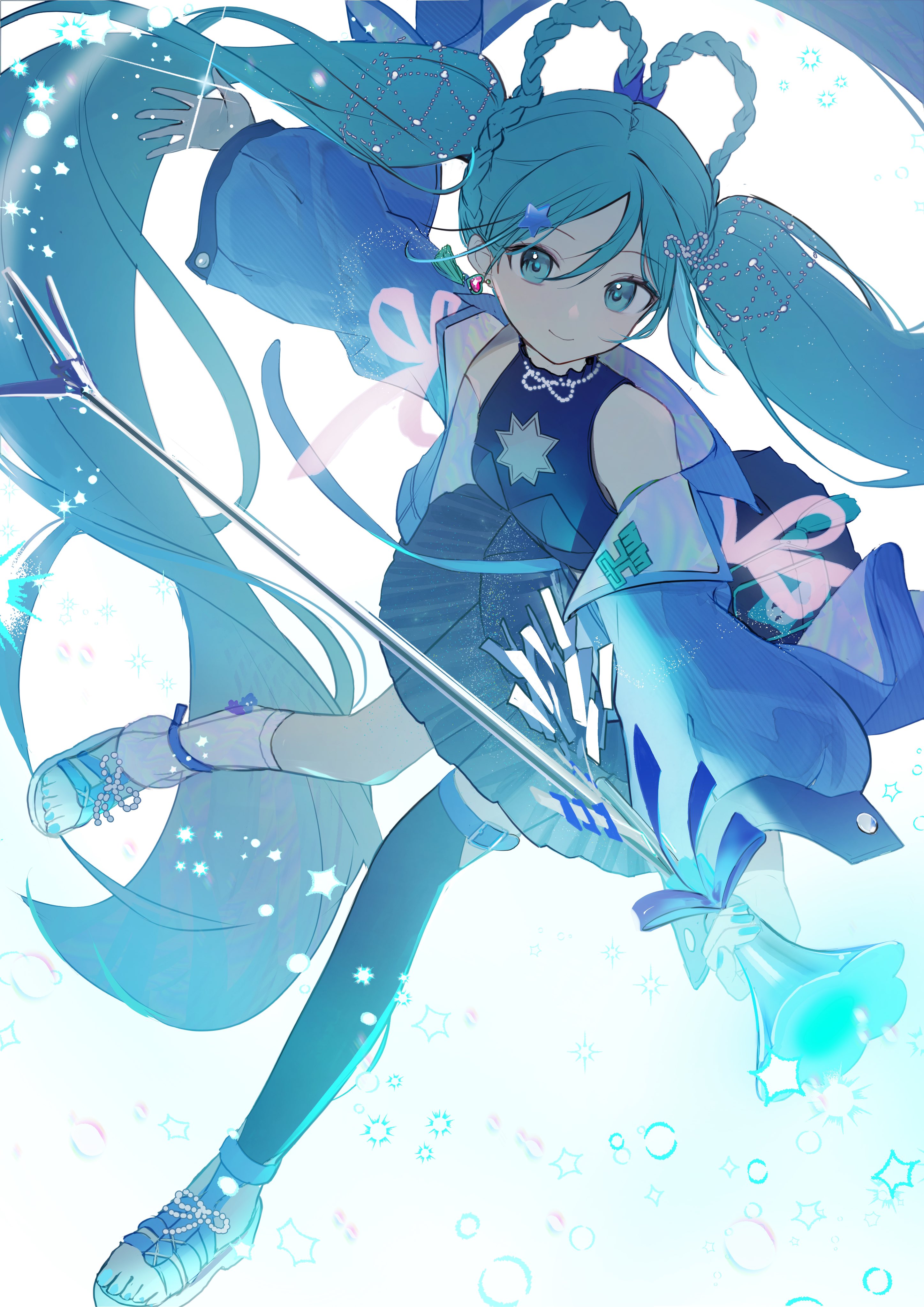 kamatoyu, hatsune miku, magical mirai miku, magical mirai miku (2025), magical mirai (vocaloid), vocaloid, absurdres, highres, 1girl, aqua eyes, aqua hair, aqua nails, blue jacket, blue thighhighs, braid, braided hair rings, breasts, closed mouth, crop top, earrings, hair between eyes, hair ornament, hair rings, heart, heart earrings, holding, holding microphone stand, jacket, jewelry, long hair, long sleeves, looking at viewer, microphone, microphone stand, nail polish, official alternate costume, official alternate hairstyle, open clothes, open jacket, sandals, shirt, simple background, single earring, single thighhigh, sleeveless, sleeveless shirt, small breasts, smile, solo, star (symbol), star hair ornament, thighhighs, toenail polish, toenails, twintails, very long hair, white background
