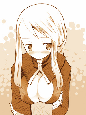 b.tarou, bakuhatsu tarou, agrias oaks, final fantasy, final fantasy tactics, lowres, 1girl, blush, braid, braided ponytail, breasts, cleavage, female focus, large breasts, monochrome, single braid, solo