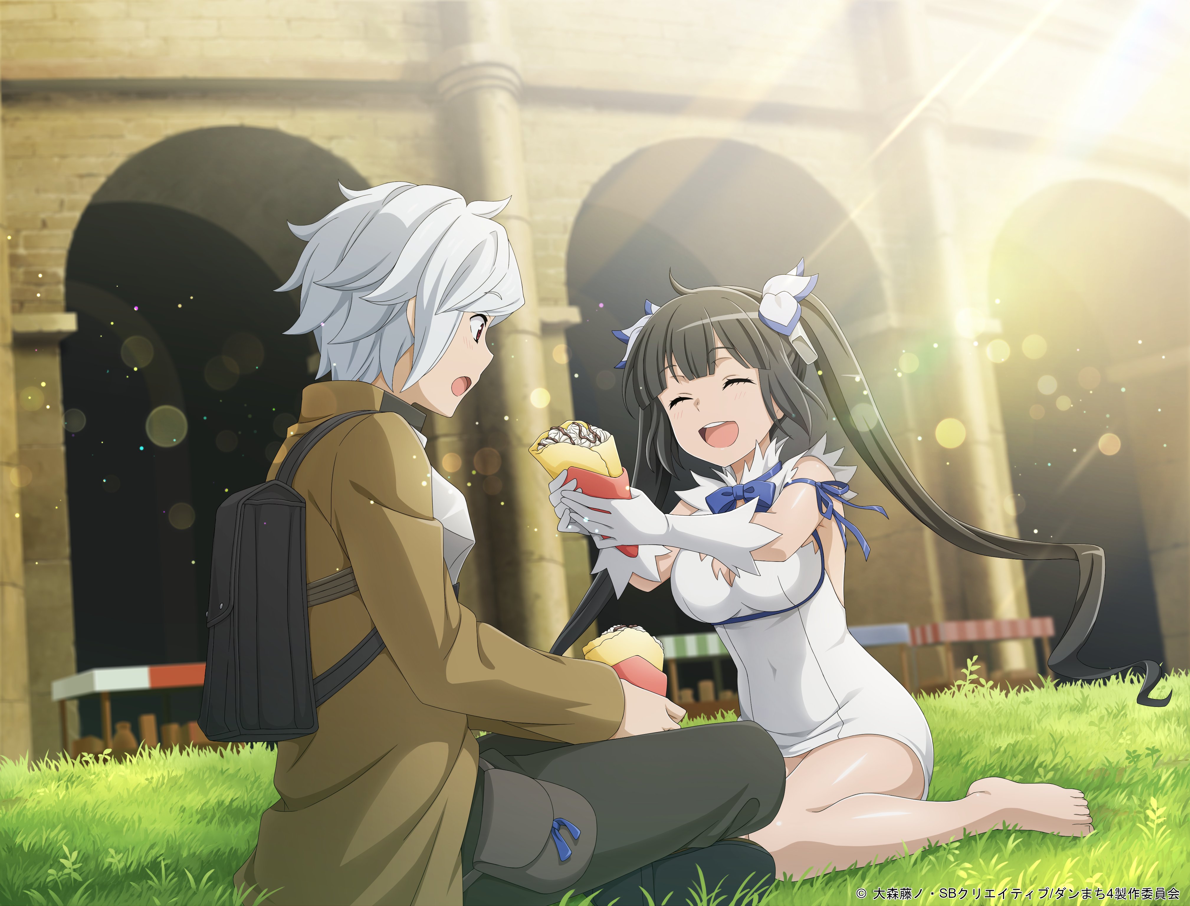bell cranel, danmachi battle chronicle, dungeon ni deai wo motomeru no wa machigatteiru darou ka, absurdres, commentary request, highres, official art, second-party source, 1boy, 1girl, :d, anime coloring, arch, armor, backpack, bag, black hair, blue bow, blue bowtie, blue ribbon, blunt bangs, bow, bowtie, breastplate, breasts, brown jacket, cleavage cutout, closed eyes, clothing cutout, copyright notice, covered navel, crepe, dress, food, gloves, hetero, holding, holding crepe, holding food, ice cream crepe, indian style, jacket, large breasts, long hair, looking at another, microdress, offering food, on grass, on ground, open mouth, outdoors, pencil dress, pouch, red eyes, rei no himo, ribbon, short hair, sitting, sleeveless, sleeveless dress, smile, tight clothes, tight dress, twintails, wariza, white dress, white gloves, white hair