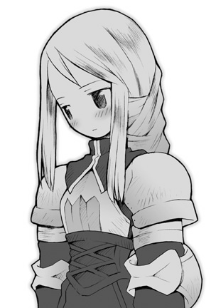 b.tarou, bakuhatsu tarou, agrias oaks, final fantasy, final fantasy tactics, lowres, 1girl, armor, blush, braid, braided ponytail, female focus, greyscale, knight, long hair, monochrome, simple background, single braid, solo