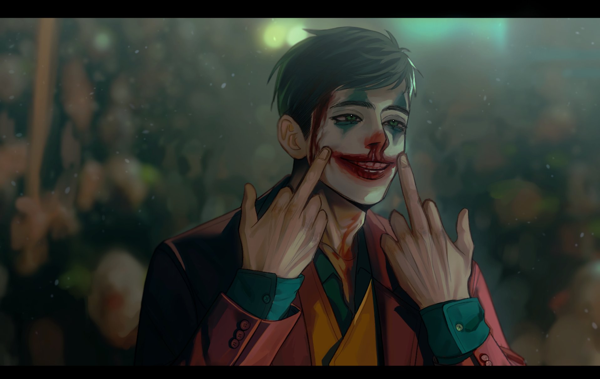 p-3 (atomic heart), atomic heart, highres, 1boy, agremur, black hair, bleeding, blood, blood from forehead, blood on teeth, blue eyes, blue shirt, blurry, blurry background, clown makeup, coat, double middle finger, eyeshadow, facing viewer, forced smile, hands up, letterboxed, light particles, looking to the side, makeup, male focus, middle finger, nosebleed, painterly, red coat, shirt, short hair, solo, sparkling eyes, teeth, vest, yellow vest