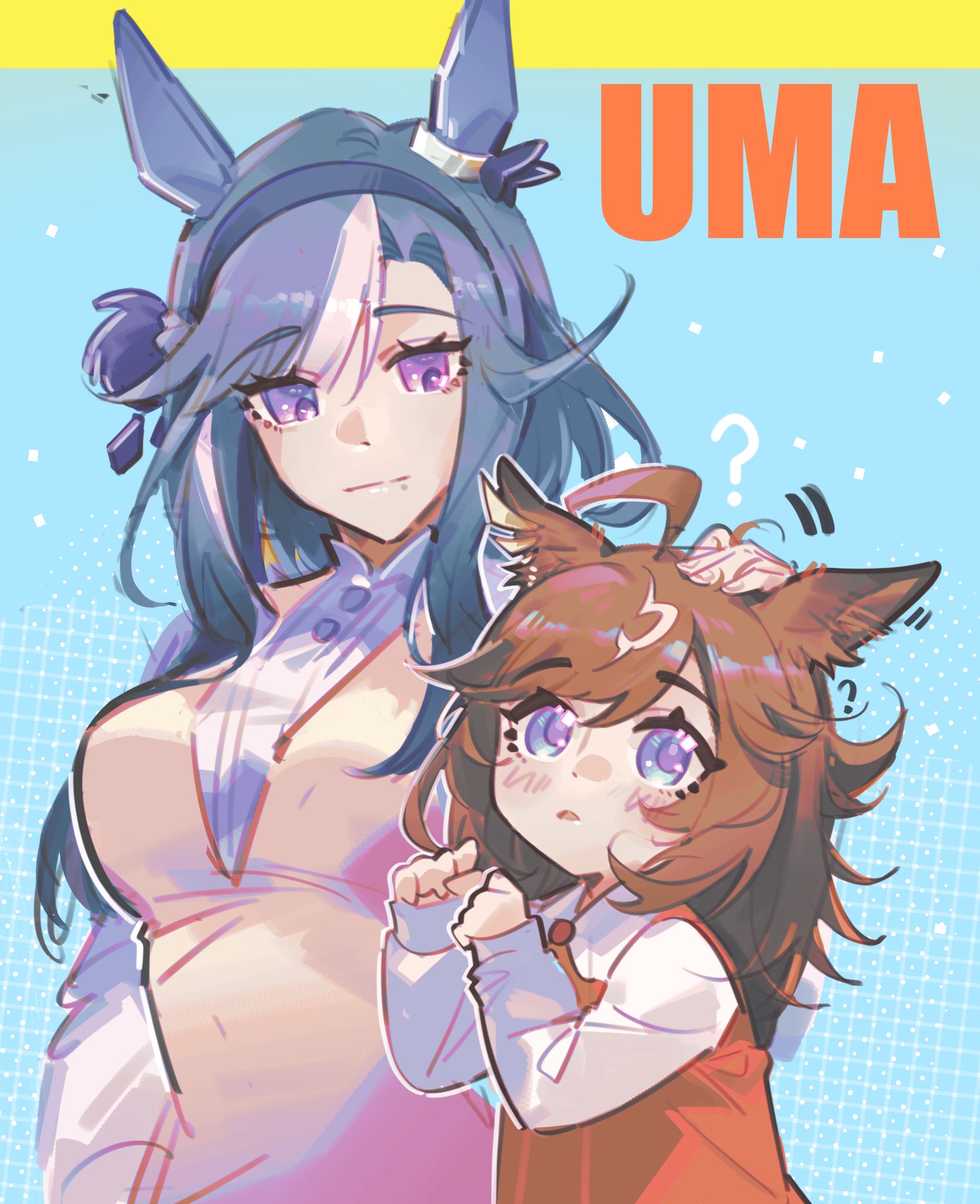 baobao771100, admire groove (umamusume), duramente (umamusume), umamusume, highres, 2girls, ?, aged down, ahoge, alternate costume, animal ears, blue eyes, blue hair, brown hair, hair between eyes, hand on another's head, headpat, horse ears, horse girl, long hair, long sleeves, multicolored hair, multiple girls, purple eyes, smile, streaked hair, upper body, white hair