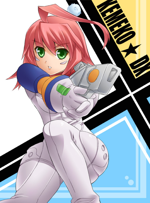 ibuki mana, mm, mm (kemeko deluxe), kemeko deluxe, 00s, 1girl, ahoge, bodysuit, female focus, green eyes, gun, pink hair, solo, weapon