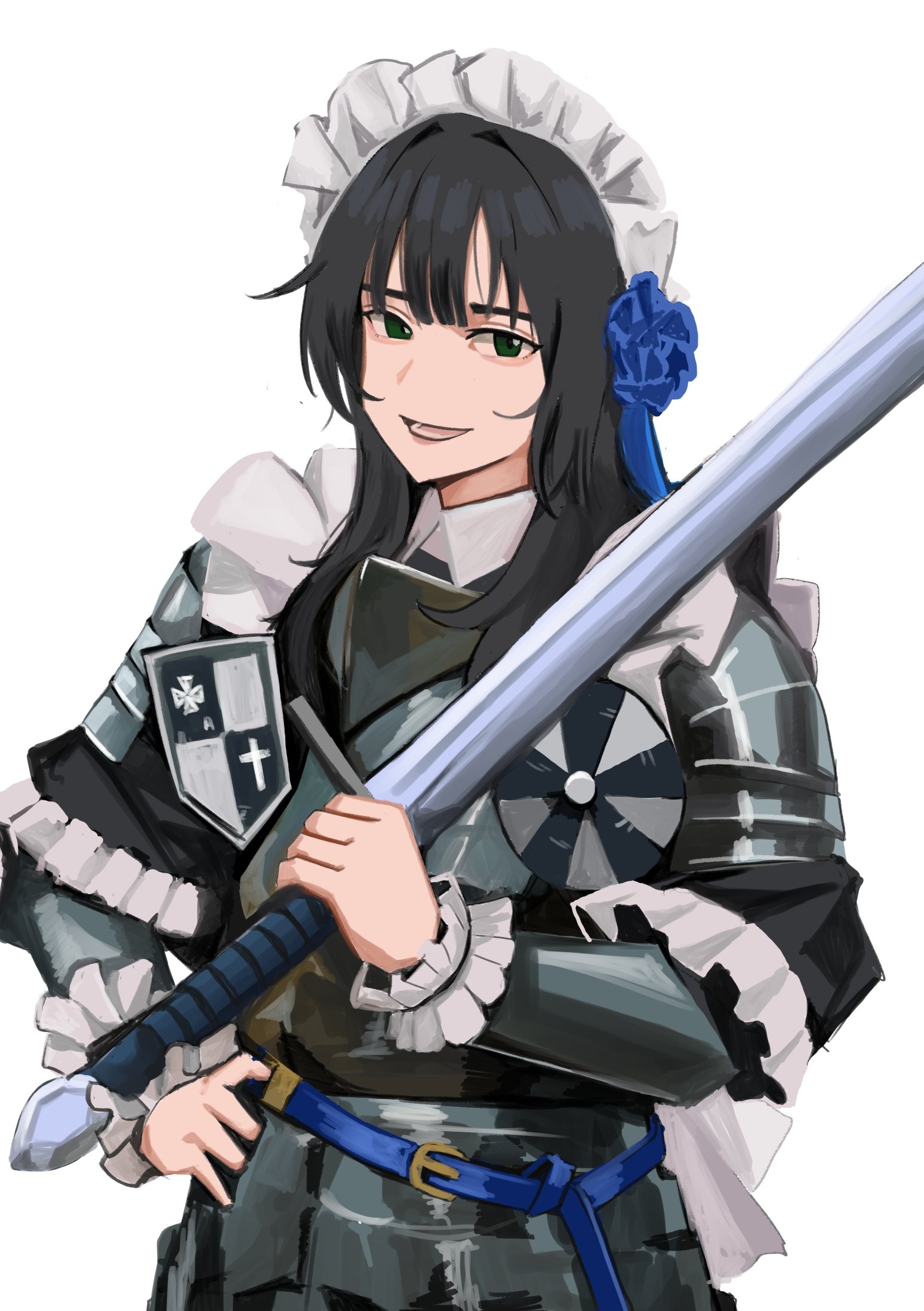 wani (perfect han), original, commentary request, highres, korean commentary, 1girl, :d, armor, belt, black hair, blue belt, blue flower, eleanor (formicid), flower, green eyes, hair flower, hair ornament, holding, holding sword, holding weapon, knight, long hair, long sleeves, maid, maid headdress, open mouth, shoulder armor, simple background, smile, solo, sword, tongue, unconventional maid, upper body, weapon, white background