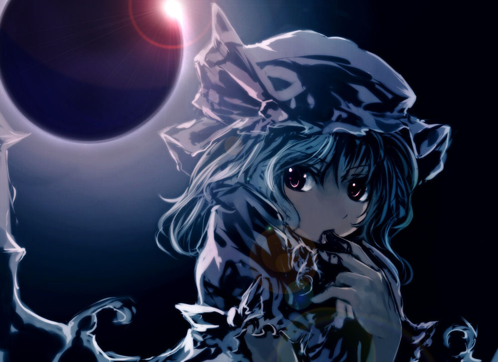 suisa (mizsai), suisai (suisao), remilia scarlet, touhou, 1girl, bat wings, blood, eclipse, female focus, hat, hat ribbon, lens flare, mizusa, moon, red eyes, ribbon, short hair, solar eclipse, solo, sun, wings