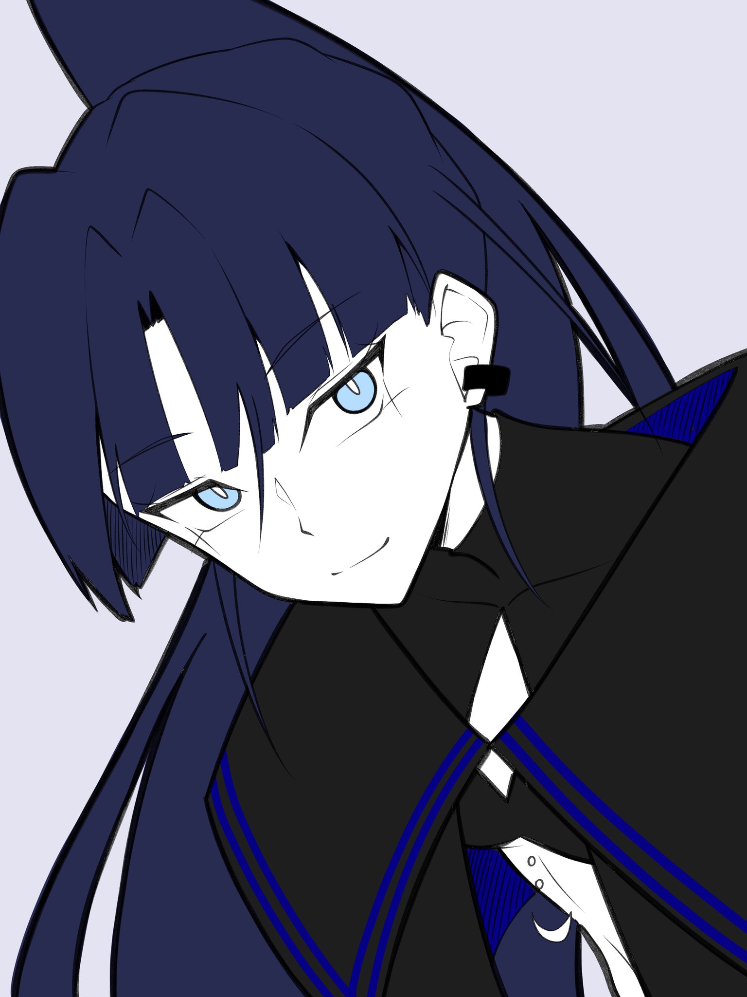 nori (norinori yrl), naima (ado), ado (utaite), usseewa, commentary, highres, 1girl, black shirt, blue eyes, blue hair, closed mouth, earrings, grey background, hair between eyes, jewelry, long hair, ponytail, shirt, simple background, solo