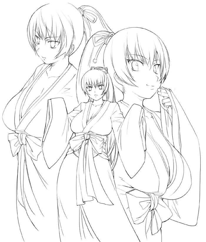 shirayuki shoushirou, gegege no kitarou, toei company, 1girl, blunt bangs, bow, breasts, cleavage, greyscale, hair ribbon, hakama, hakama skirt, japanese clothes, kimono, large breasts, long hair, long sleeves, miko, monochrome, multiple views, ponytail, ribbon, skirt, wide sleeves