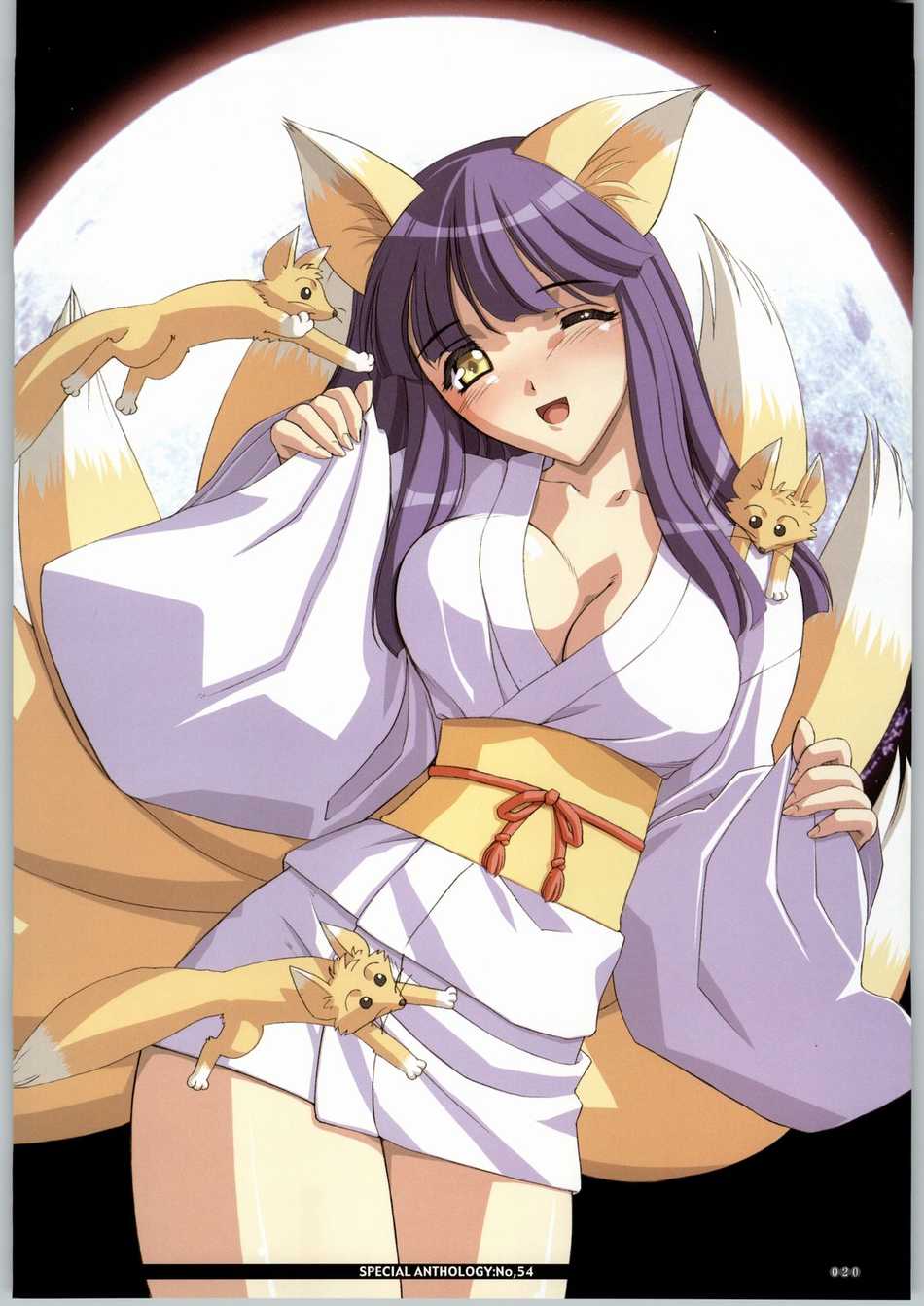 highres, animal ears, blush, breasts, cleavage, fox, fox ears, japanese clothes, moon, smile, tail, wink