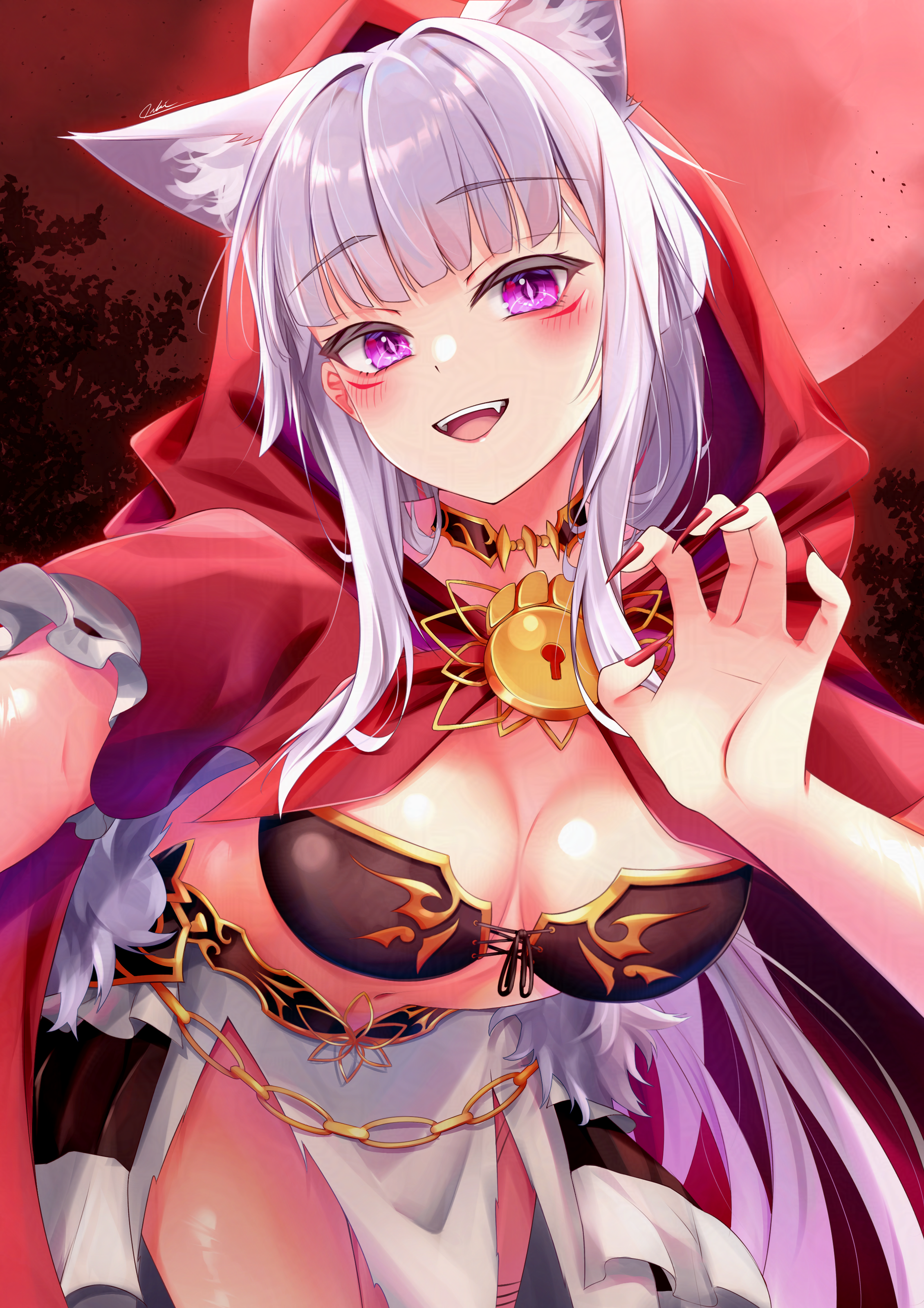 oukei, kureha (666) (sound voltex), kureha (sound voltex), bemani, sound voltex, absurdres, highres, 1girl, animal ears, breasts, fingernails, full moon, keyhole, long hair, looking at viewer, medium breasts, midriff, moon, nail polish, navel, purple eyes, red moon, red nails, smile, solo, very long hair, white hair, wolf ears