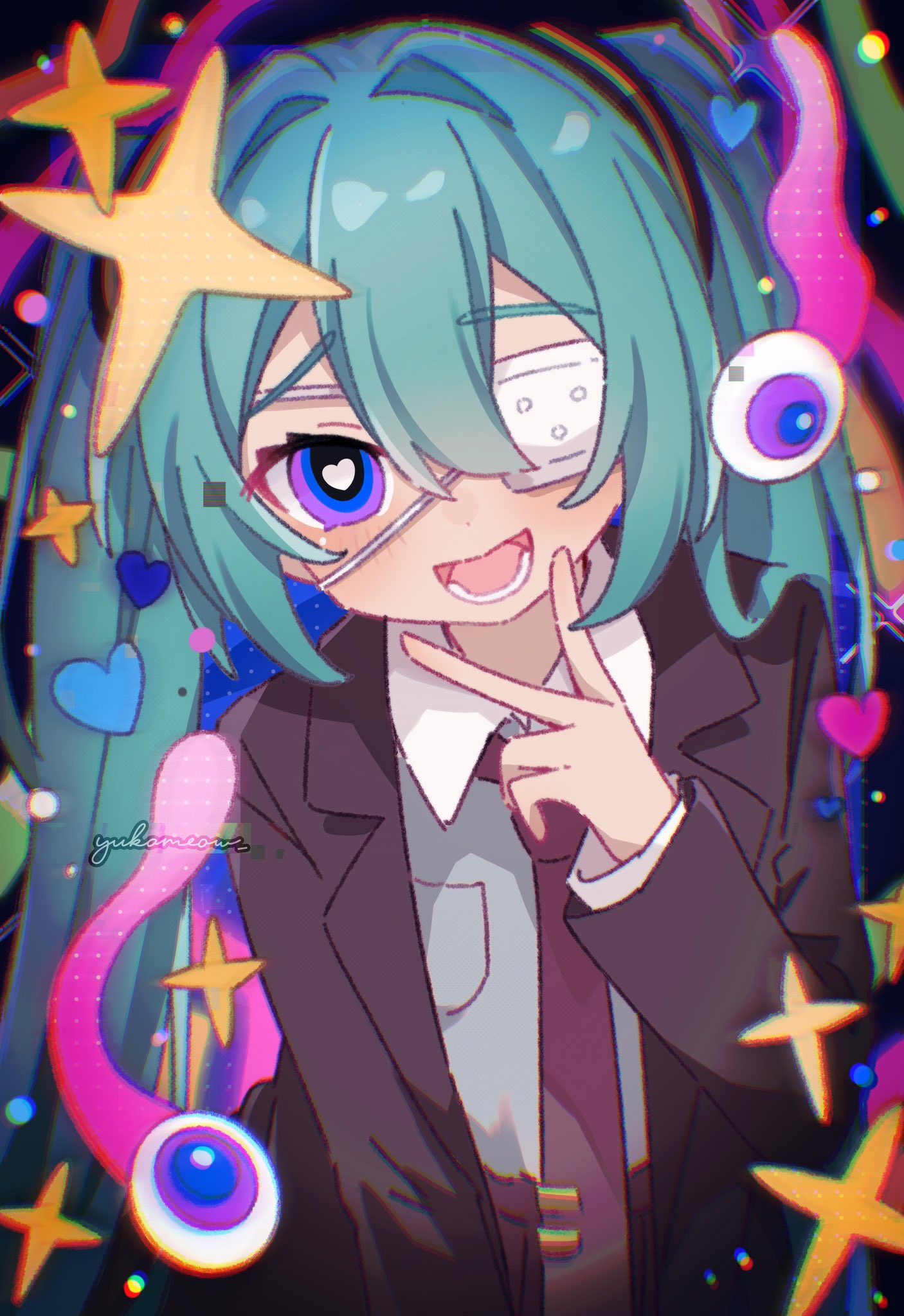 yukomeow, hatsune miku, monitoring (vocaloid), vocaloid, commentary, highres, 1girl, artist name, blue background, blush, brown jacket, collared shirt, double-parted bangs, eyepatch, green hair, hair between eyes, hand up, heart, heart-shaped pupils, jacket, long hair, long sleeves, looking at viewer, necktie, open clothes, open jacket, open mouth, purple eyes, red necktie, shirt, solo, symbol-shaped pupils, tie clip, twintails, upper body, v, white shirt