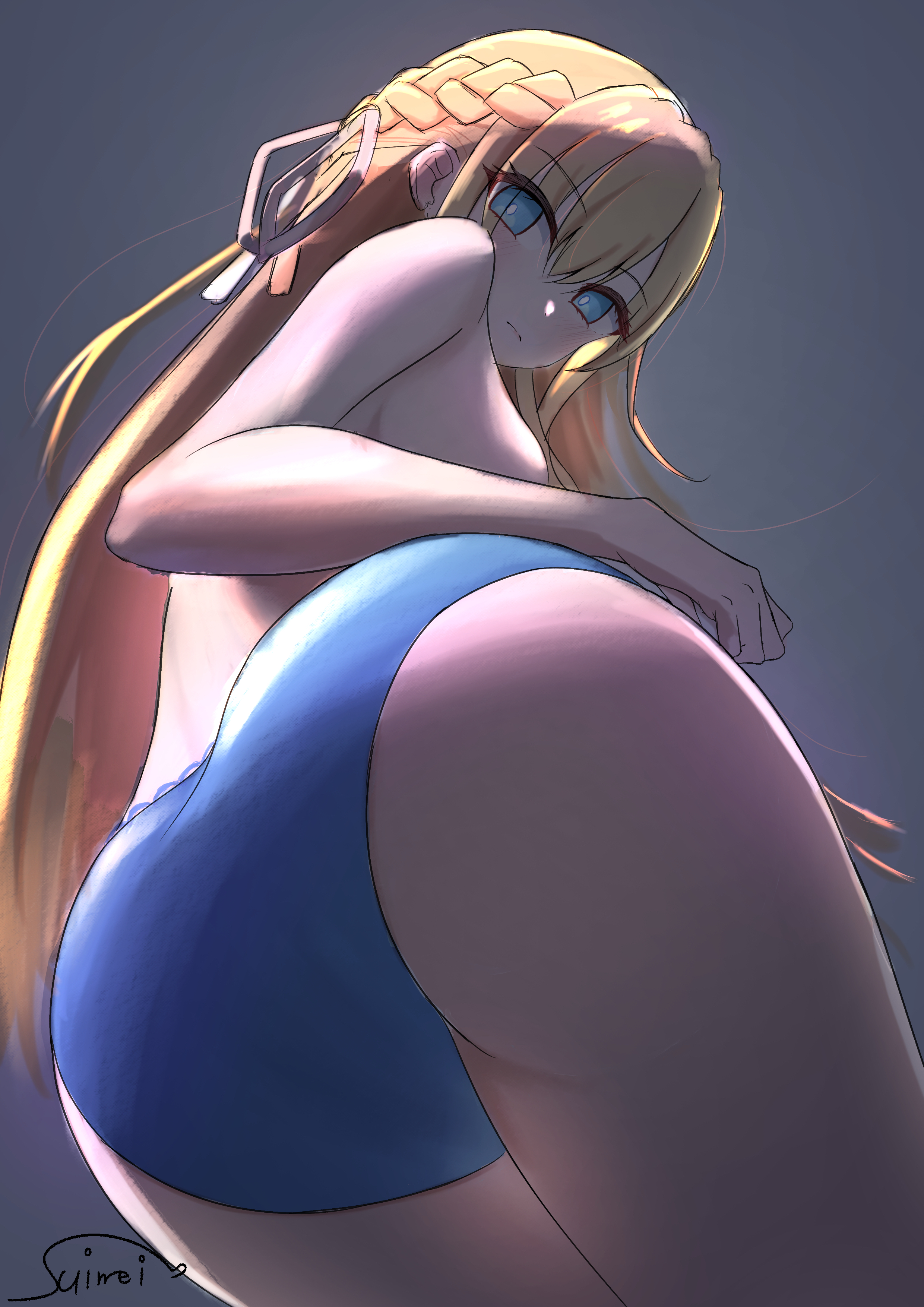 suimei (ramebi3), toujou tsukasa, heaven burns red, absurdres, highres, 1girl, ass, ass focus, bikini, bikini bottom only, blonde hair, blue bikini, blue eyes, blue panties, blush, braid, breasts, bright pupils, closed mouth, from behind, from below, hair between eyes, hair ribbon, long hair, looking at viewer, looking back, looking down, panties, ribbon, solo, swimsuit, thighs, underwear, white ribbon