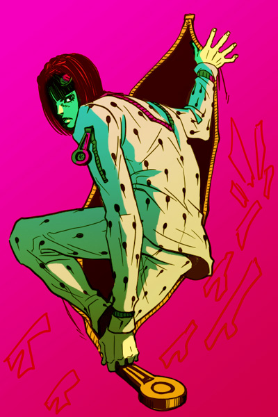 raizou, bruno bucciarati, jojo no kimyou na bouken, vento aureo, 1boy, back, black hair, bob cut, formal clothes, hair ornament, hairclip, jacket, male focus, pants, short hair, solo, stand (jojo), suit, white suit, zipper