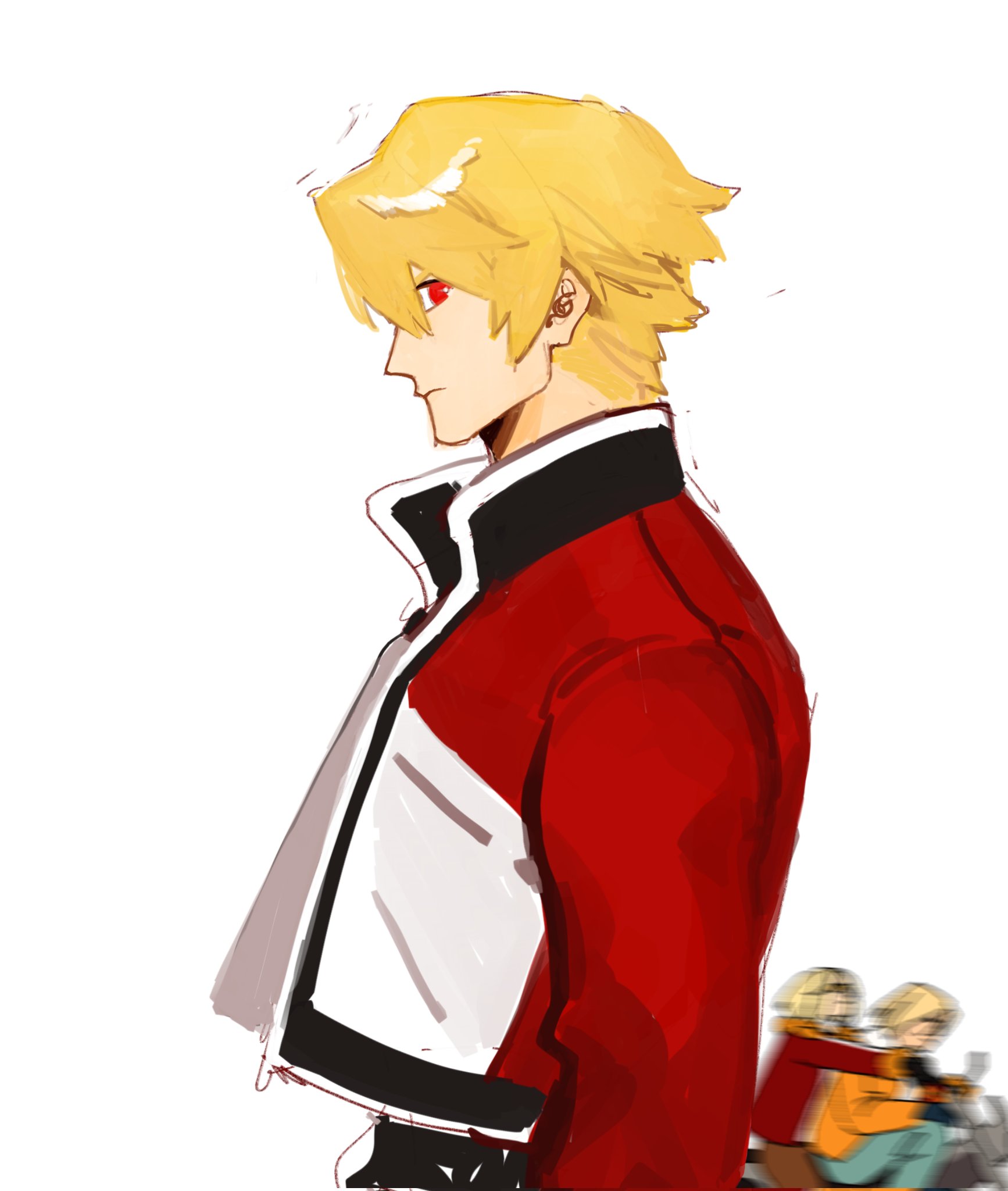 blue mary, rock howard, terry bogard, fatal fury, garou: mark of the wolves, highres, 1boy, blonde hair, closed mouth, from side, jacket, jingjing0229, long sleeves, looking at viewer, male focus, motion blur, red eyes, short hair, simple background, upper body, white background