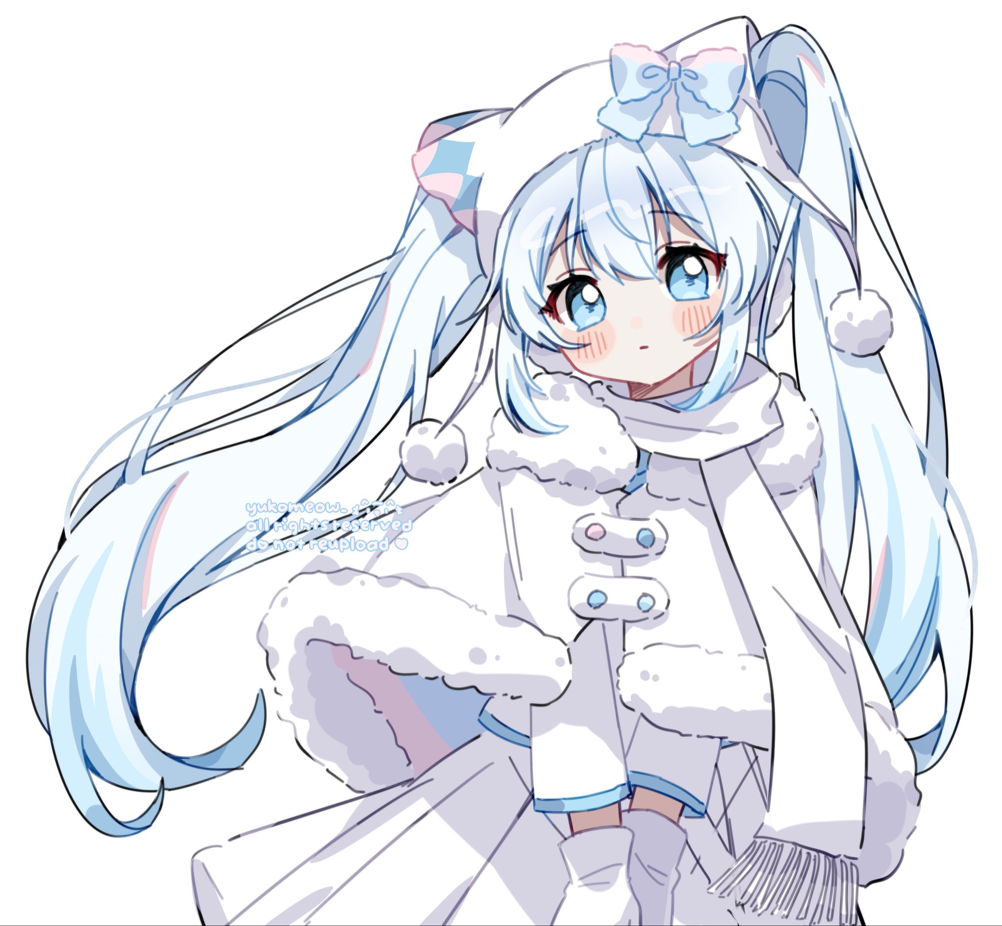 yukomeow, hatsune miku, vocaloid, commentary, highres, symbol-only commentary, 1girl, artist name, blue bow, blue eyes, blue hair, blush stickers, bow, capelet, closed mouth, fur-trimmed capelet, fur trim, gloves, hat, hat bow, long hair, long sleeves, looking at viewer, pleated skirt, shirt, simple background, skirt, solo, twintails, upper body, watermark, white background, white capelet, white gloves, white hat, white shirt, white skirt