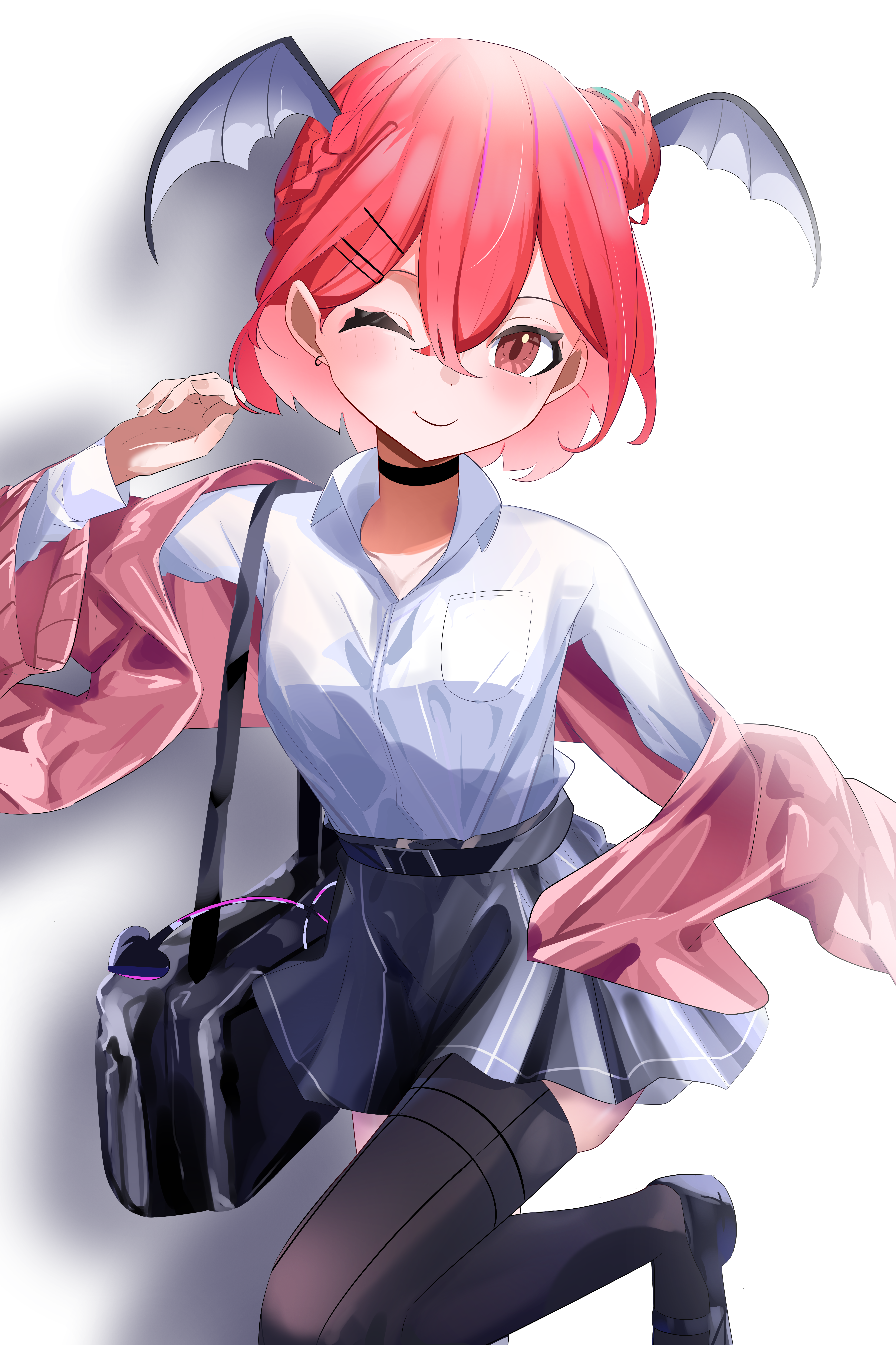 koakuma, touhou, absurdres, highres, 1girl, ;), alternate hair length, alternate hairstyle, arm up, bag, bat wings, belt, black bag, black belt, black choker, black shoes, black skirt, black thighhighs, blush, braid, breasts, choker, collarbone peek, collared shirt, cowboy shot, dress shirt, drop shadow, earrings, eyebrows hidden by hair, eyelashes, hair between eyes, hair bun, hair ornament, hairclip, harikane0, head wings, jacket, jewelry, medium breasts, mole, mole under eye, one eye closed, pink jacket, pinstripe pattern, pinstripe skirt, pleated skirt, red eyes, red hair, satchel, shirt, shoes, short hair, simple background, skindentation, skirt, smile, solo, standing, standing on one leg, thighhighs, white background, white shirt, wings, zettai ryouiki