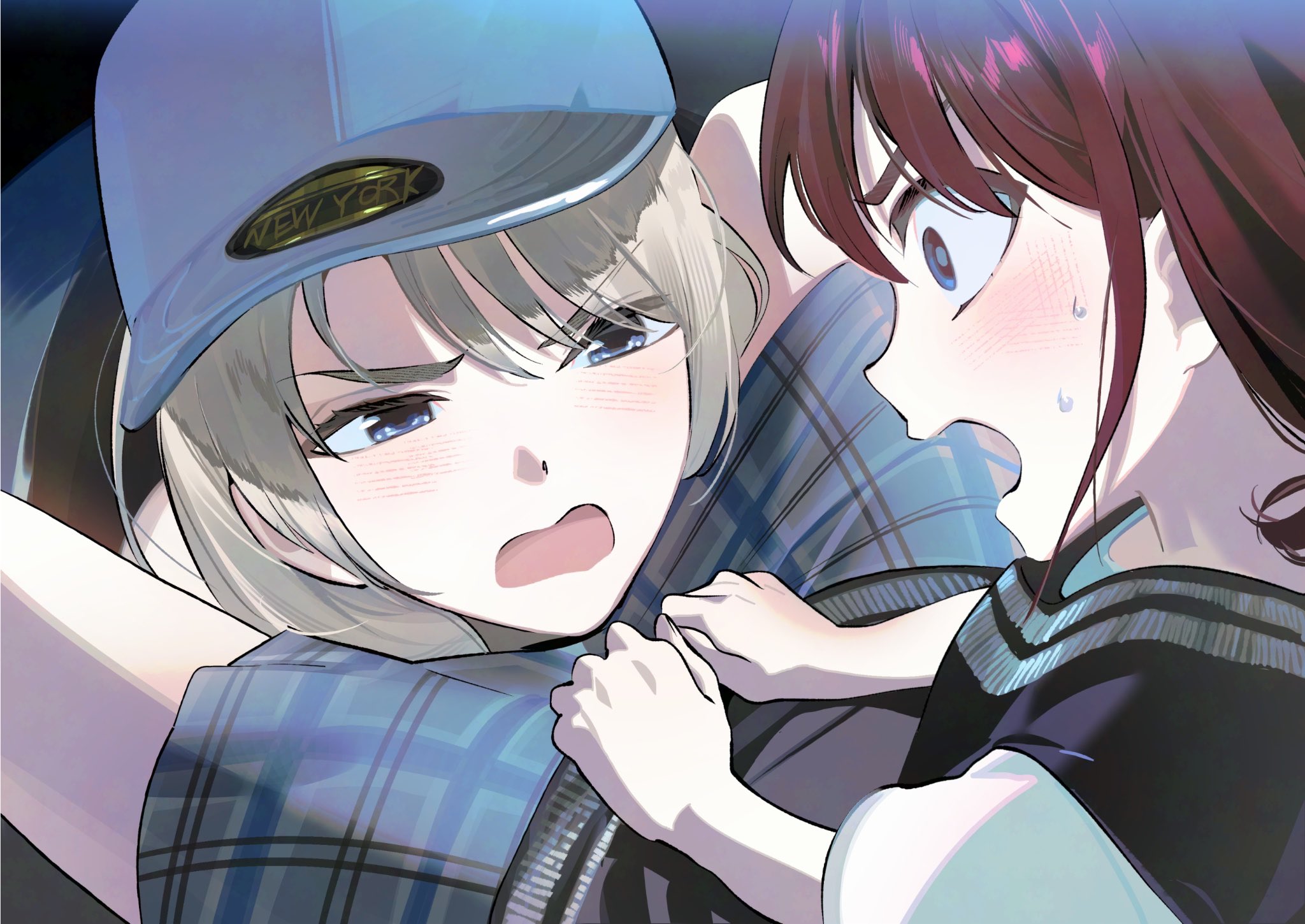 iseri nina, kawaragi momoka, girls band cry, commentary, derivative work, highres, screenshot redraw, 2girls, baseball cap, between legs, blue eyes, blue hat, blue skirt, brown hair, drunk, grey hair, hat, long hair, multiple girls, o89880, open mouth, short hair, skirt