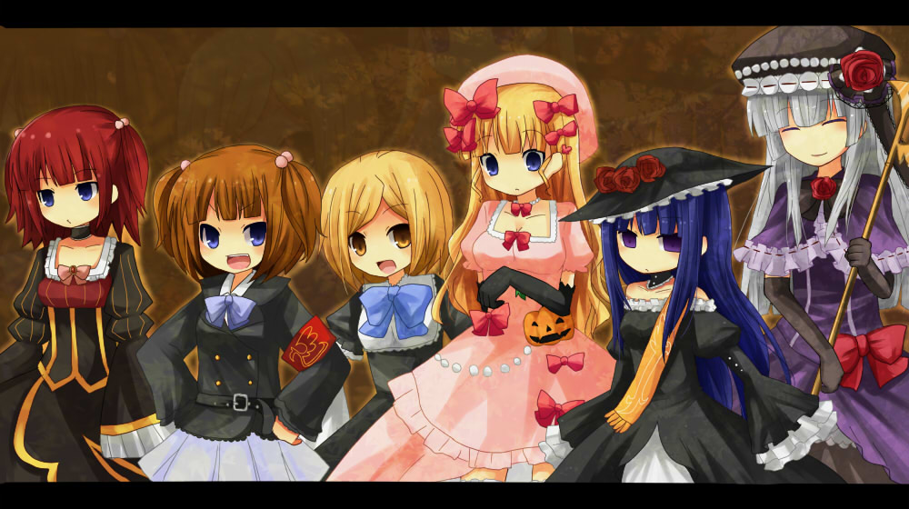 yuzuki (yuduame), beatrice (umineko), eva beatrice, frederica bernkastel, lambdadelta, ushiromiya ange, virgilia (umineko), umineko no naku koro ni, silver hair, 6+girls, armband, blonde hair, blue eyes, blue hair, choker, closed eyes, cosplay, costume switch, dress, empty eyes, frills, hair bobbles, hair ornament, hat, hime cut, long hair, multiple girls, orange eyes, orange hair, pink hat, purple eyes, red hair, ribbon, scepter, short hair, smile, twintails