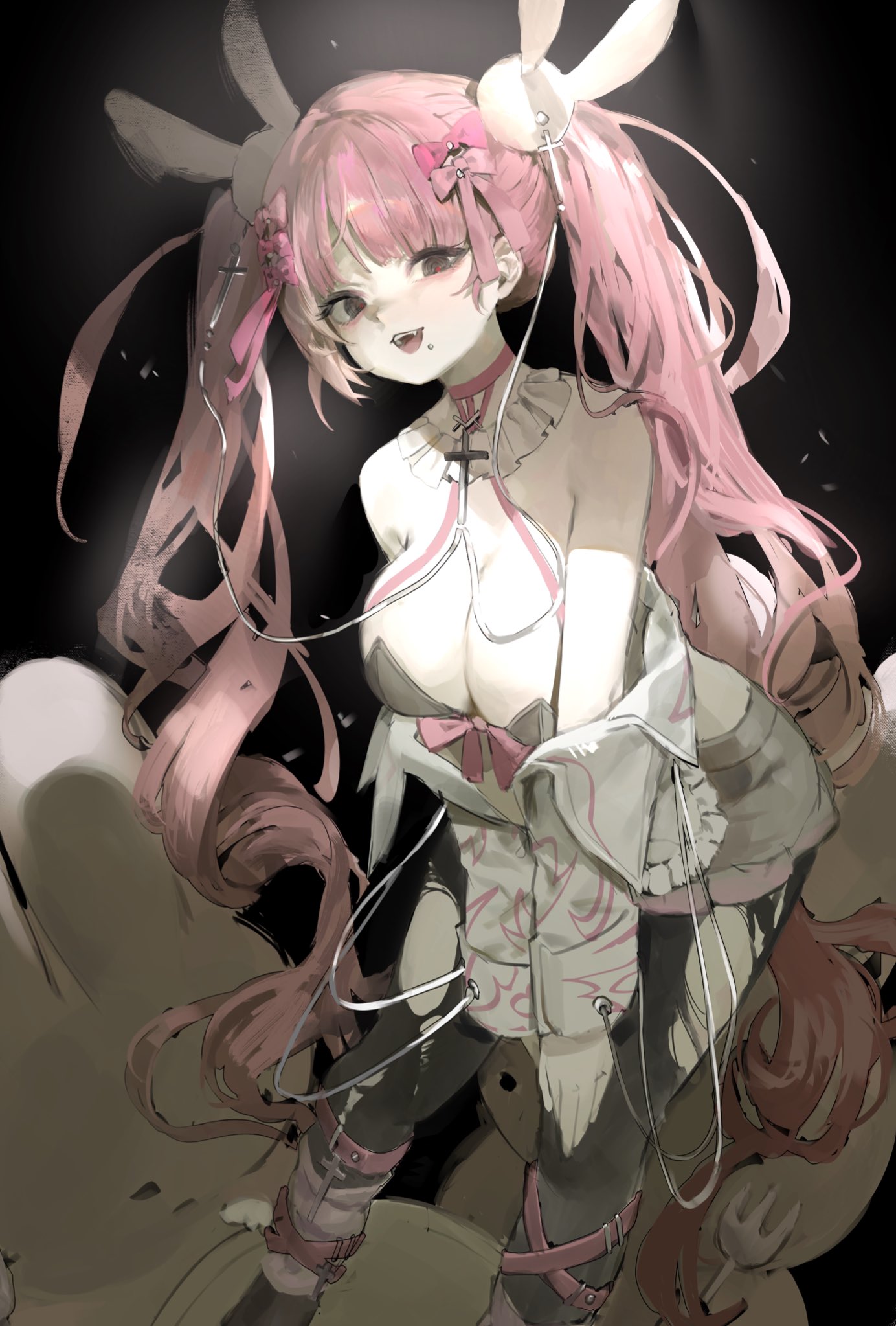 bxlm08, original, highres, 1girl, :d, bare shoulders, belt, black background, black eyes, black leotard, black pants, bow, breasts, cleavage, cross, cross necklace, detached collar, fangs, hair bow, hair ornament, hair ribbon, jacket, jacket partially removed, jewelry, large breasts, leaning forward, leg belt, leotard, long hair, looking at viewer, necklace, open mouth, pants, pink belt, pink bow, pink hair, pink ribbon, rabbit hair ornament, red pupils, ribbon, smile, solo, stuffed toy, teeth, torn clothes, torn pants, twintails, upper teeth only, very long hair, white jacket