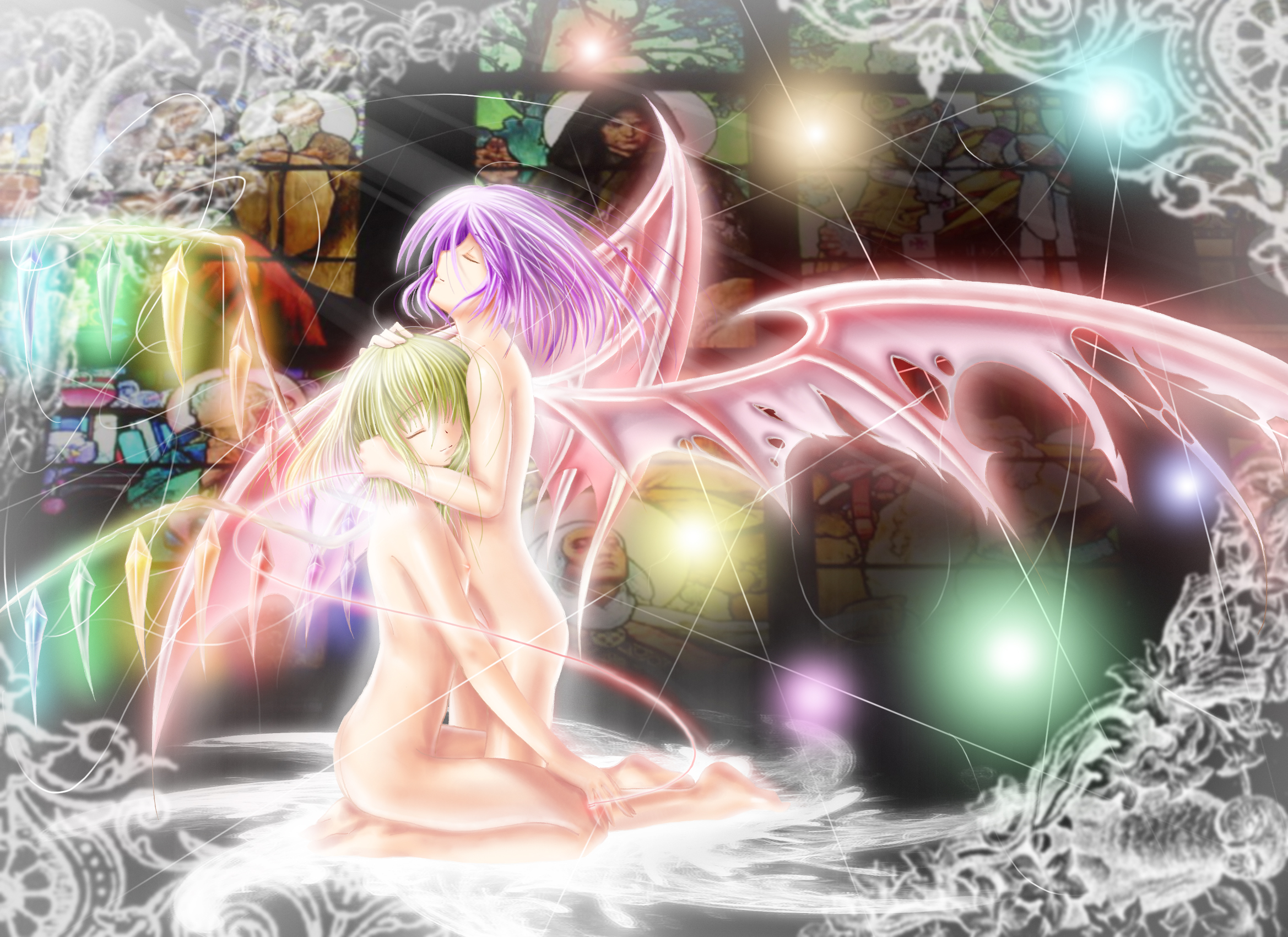 saber 01, flandre scarlet, remilia scarlet, touhou, light, highres, 2girls, barefoot, bat wings, blonde hair, closed eyes, female focus, flat chest, hug, multiple girls, nude, purple hair, siblings, sisters, stained glass, wings