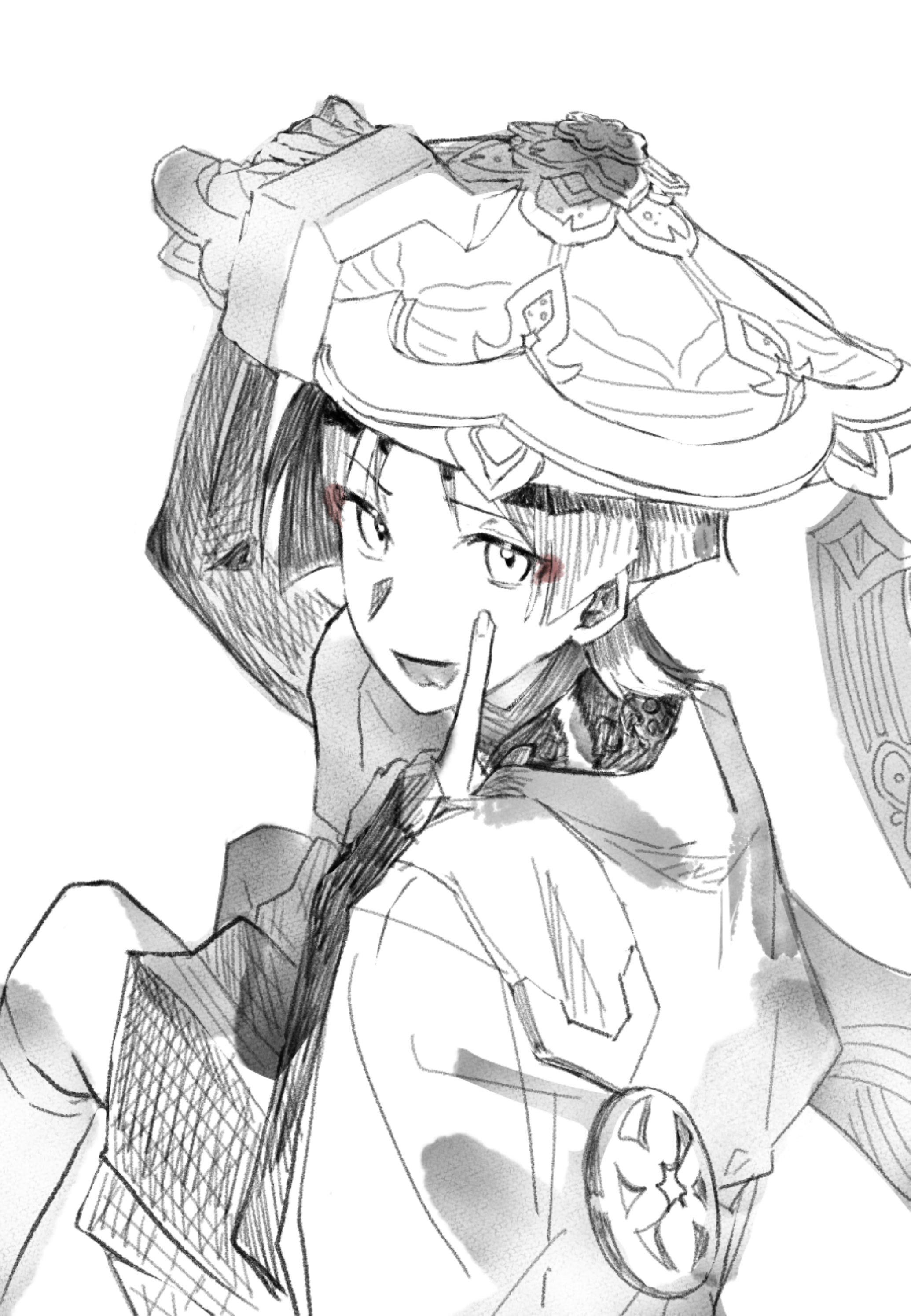 scaramouche (genshin impact), wanderer (genshin impact), genshin impact, absurdres, highres, 1boy, akanbe, blunt ends, bridal gauntlets, eyelid pull, eyeliner, eyeshadow, fingernails, from behind, greyscale, hakama, hakama shorts, hand up, hat, hatching (texture), index finger raised, japanese clothes, jingasa, kimono, looking at viewer, looking back, makeup, male focus, monochrome, open mouth, pleated shorts, potato (potato9t), red eyeliner, red eyeshadow, shorts, sketch, solo, tongue, tongue out, white background