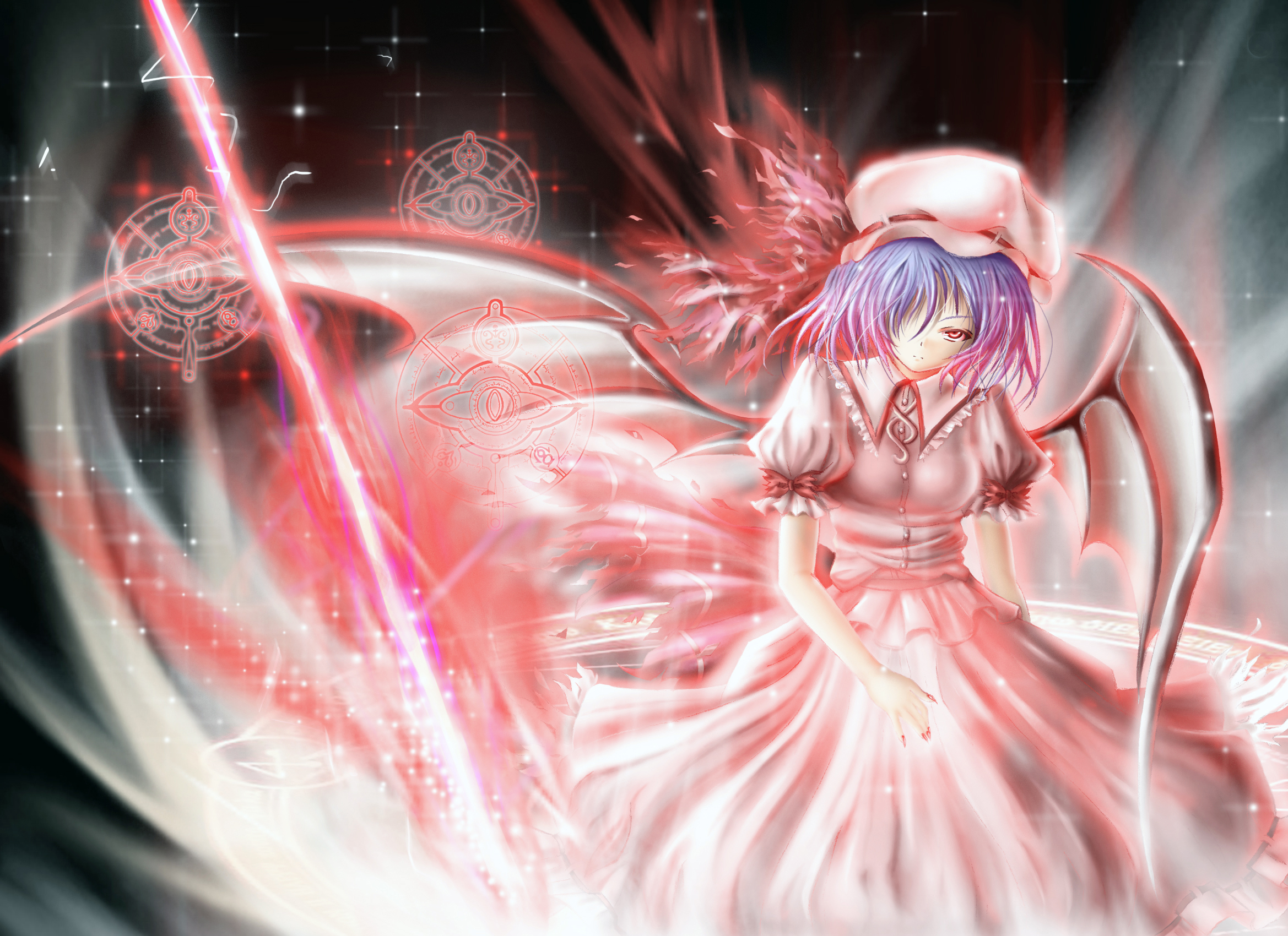 saber 01, remilia scarlet, touhou, highres, 1girl, bat wings, blue hair, female focus, hat, hat ribbon, magic circle, ribbon, solo, wings